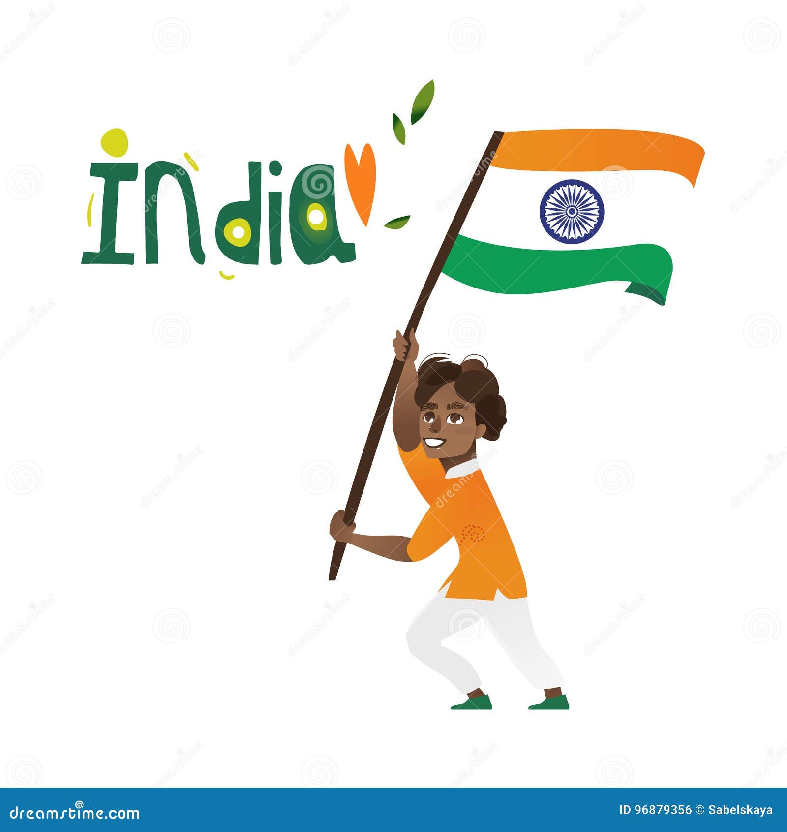 Indian Boy, Kid, Teenager Holding National Flag Stock Vector - Illustration  of cartoon, green: 96879356