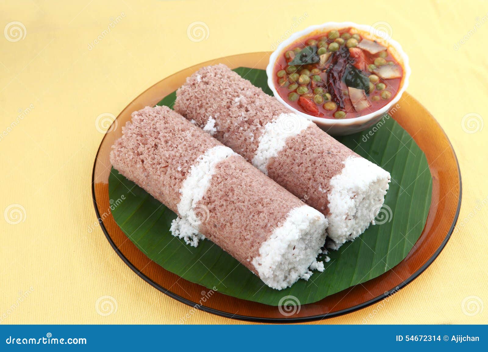 Indian Breakfast Puttu and Green Peas Curry. Stock Photo Image of