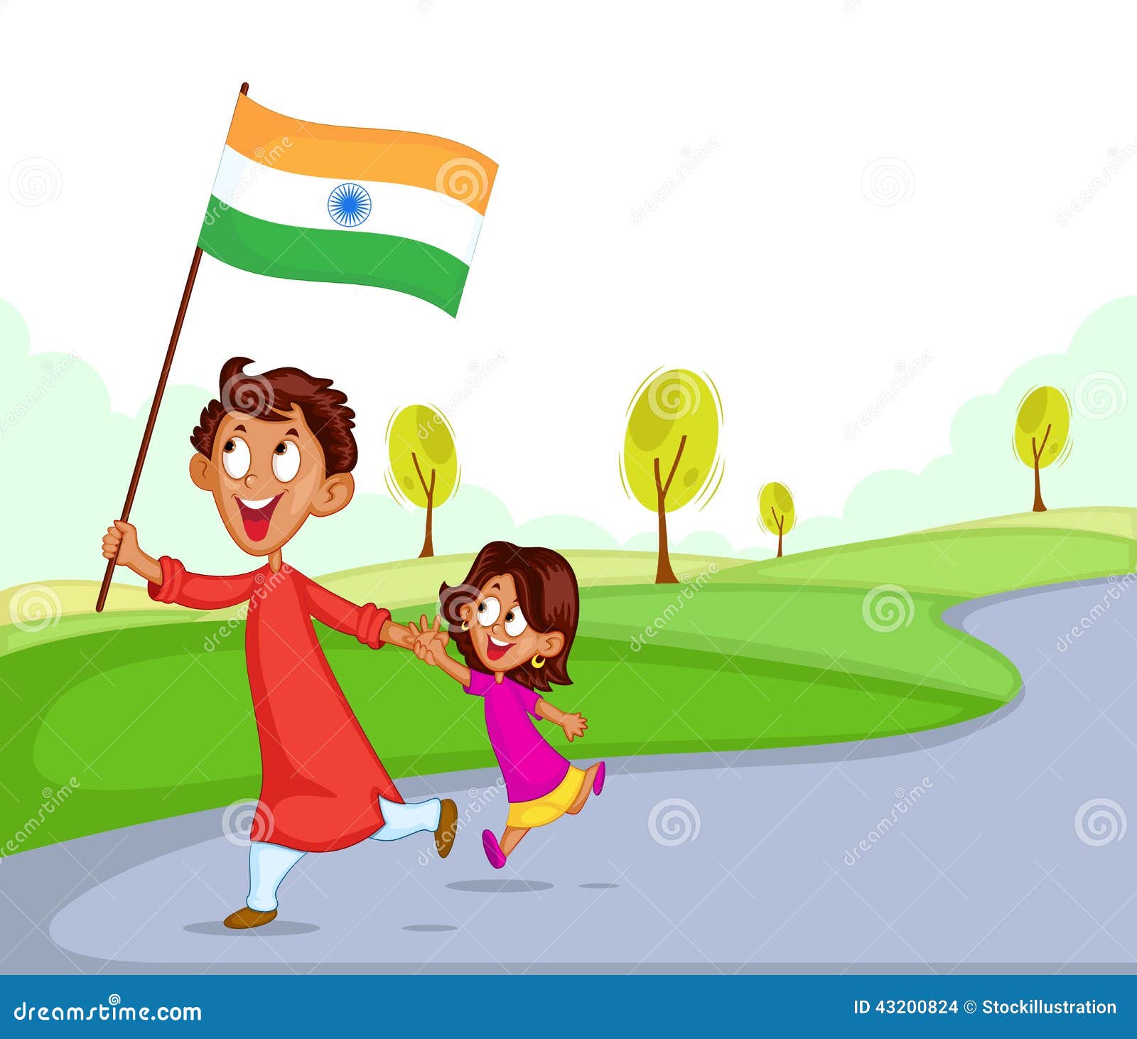 Indian Brother and Sister with Flag of India Stock Vector