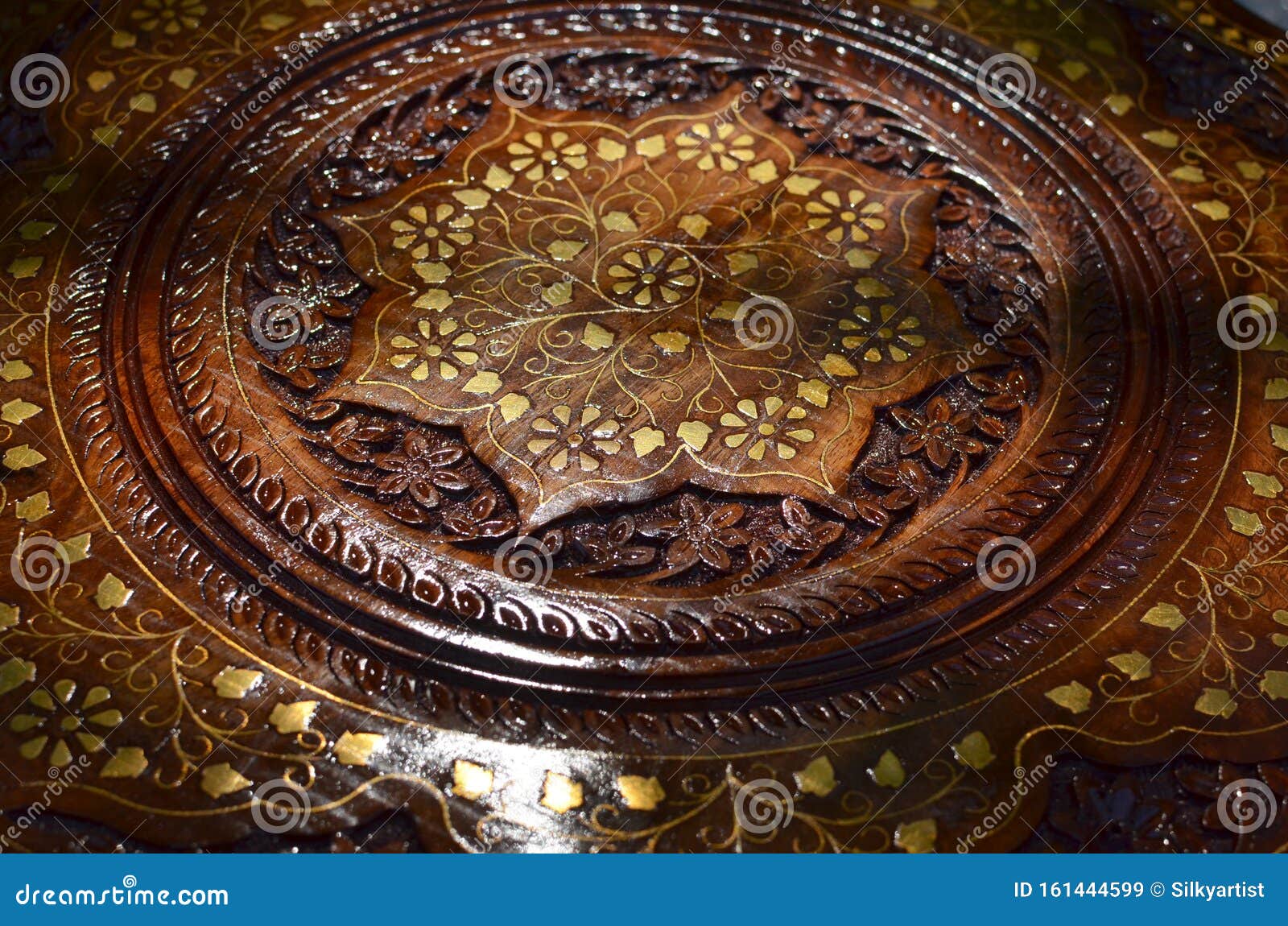 Indian Wooden Carved Table with Golden Inlay Stock Image Image of