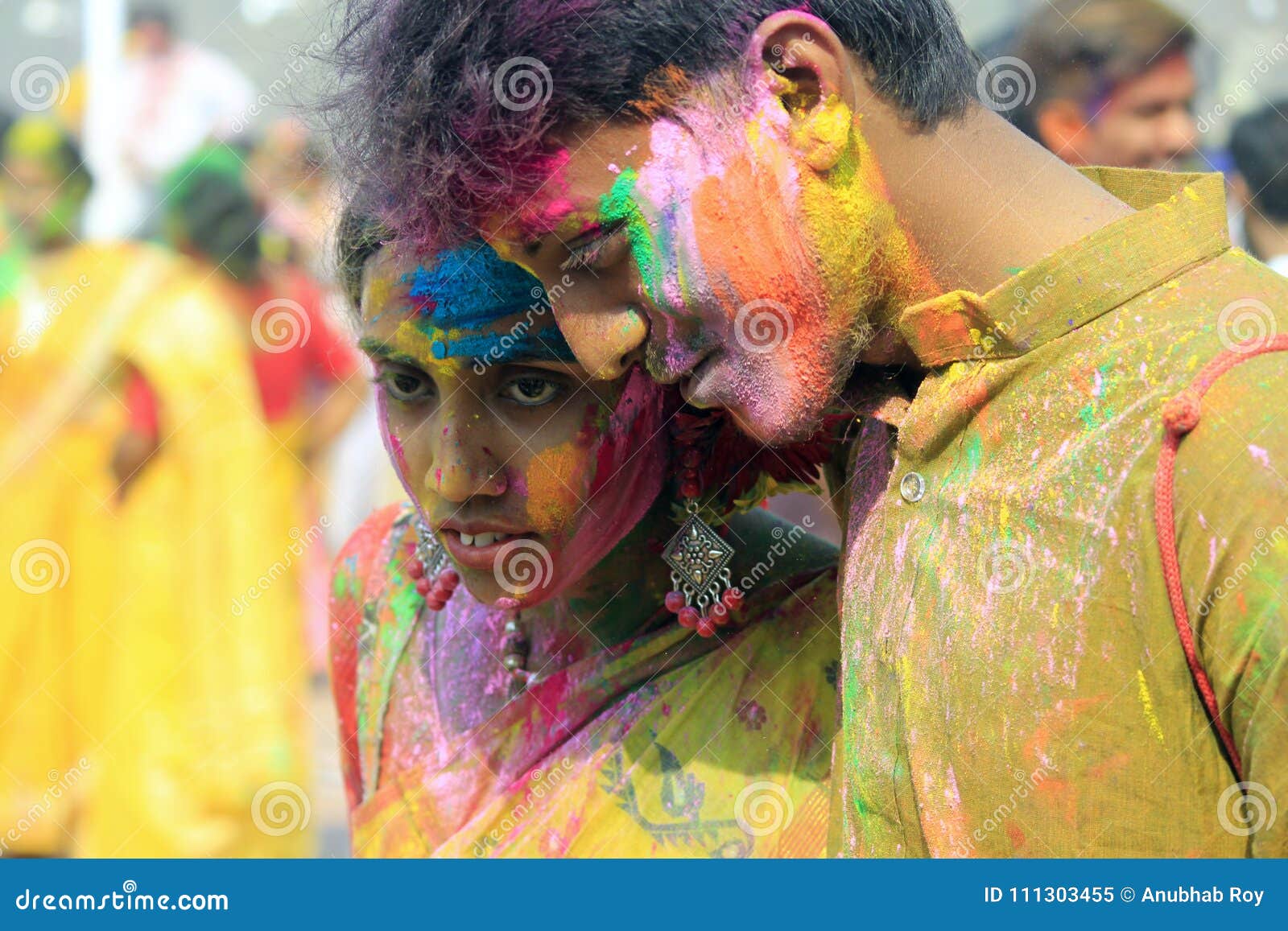 Indian Couple Celebrating Holi. Portrait of Love Birds at Holi ...