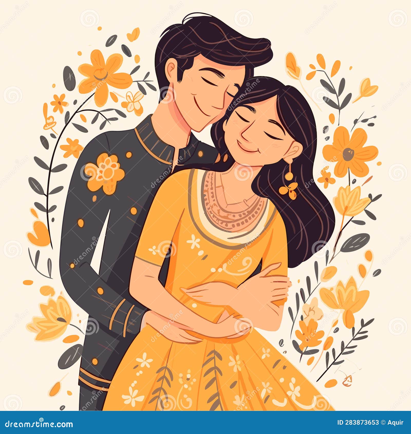 Indian Couple Hand-drawn Comic Illustration. Indian Couple. Vector
