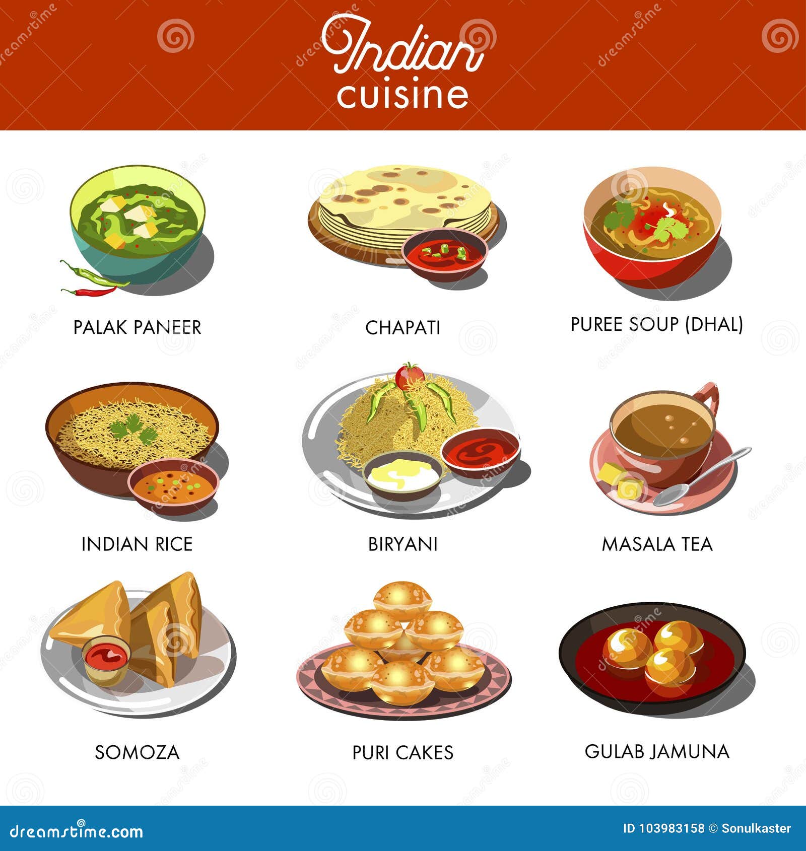 Indian Cuisine Food Traditional Dishes. Stock Vector - Illustration of ...