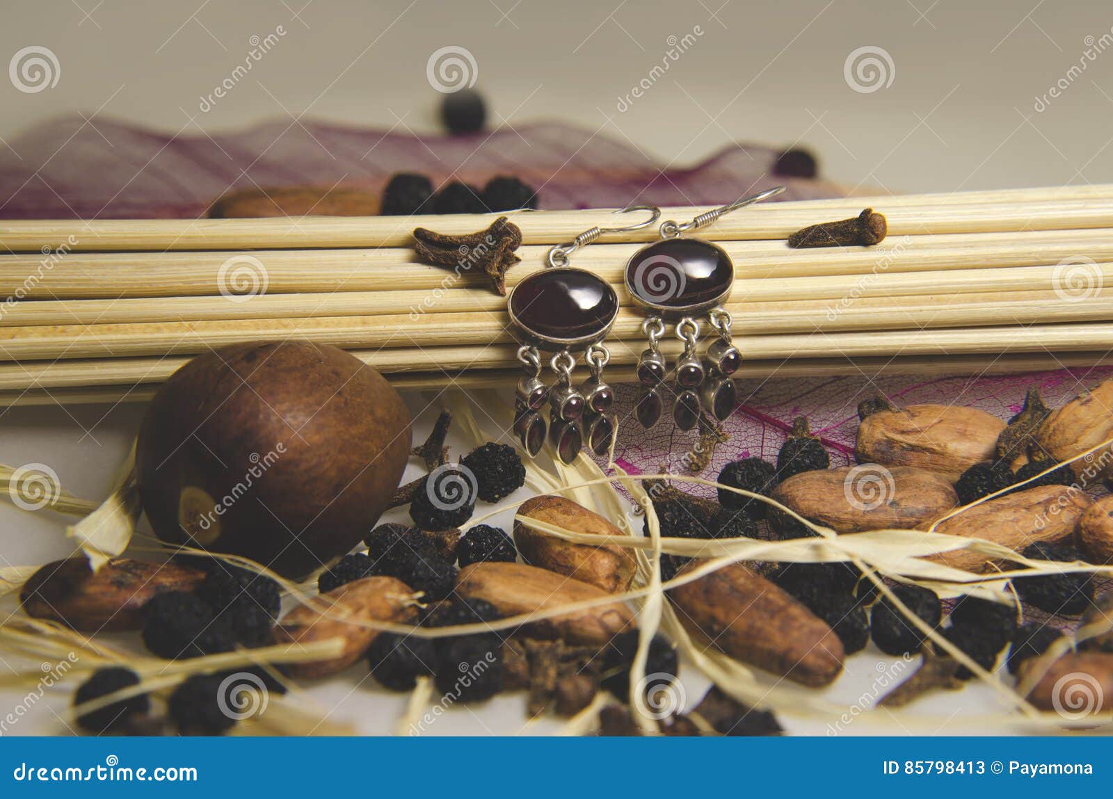 Indian Earrings with Garnet Gem Stone and Spices Stock Image - Image of ...