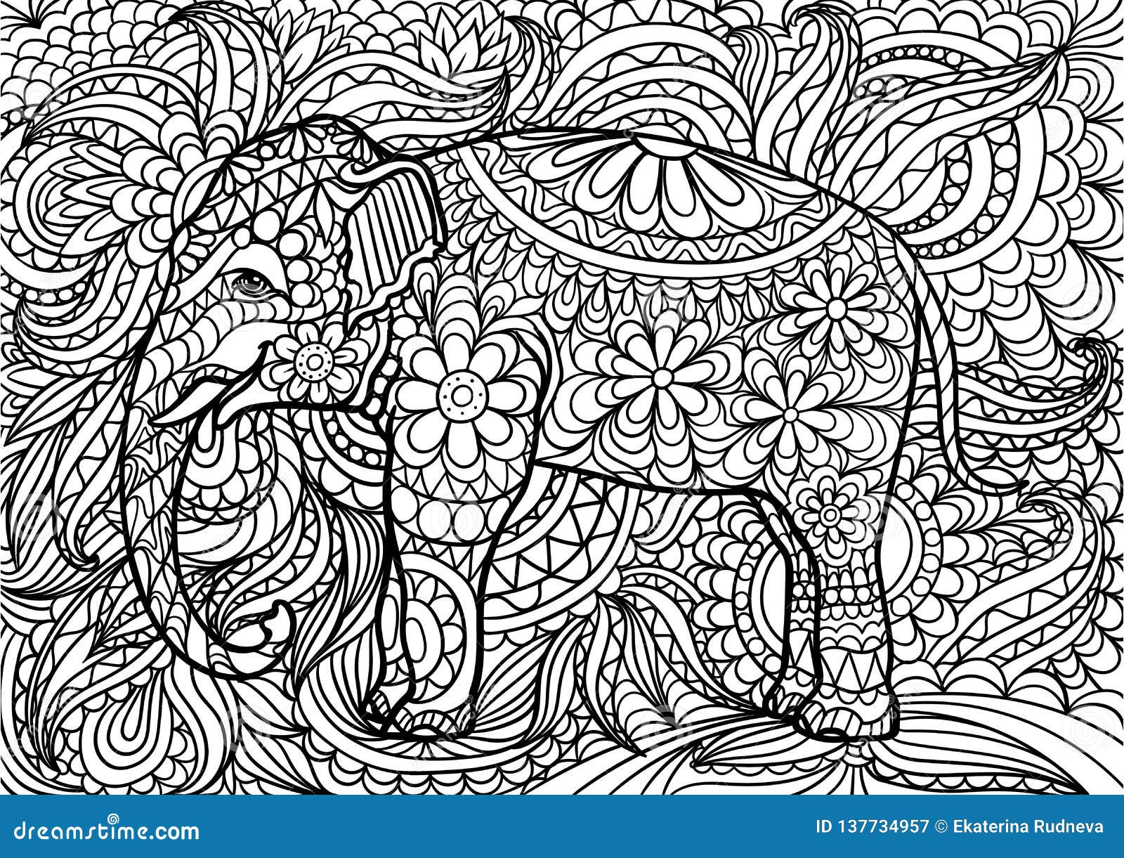 Indian Elephant Doodle Coloring for Adults. Hand Drawn Doodle. Stock ...