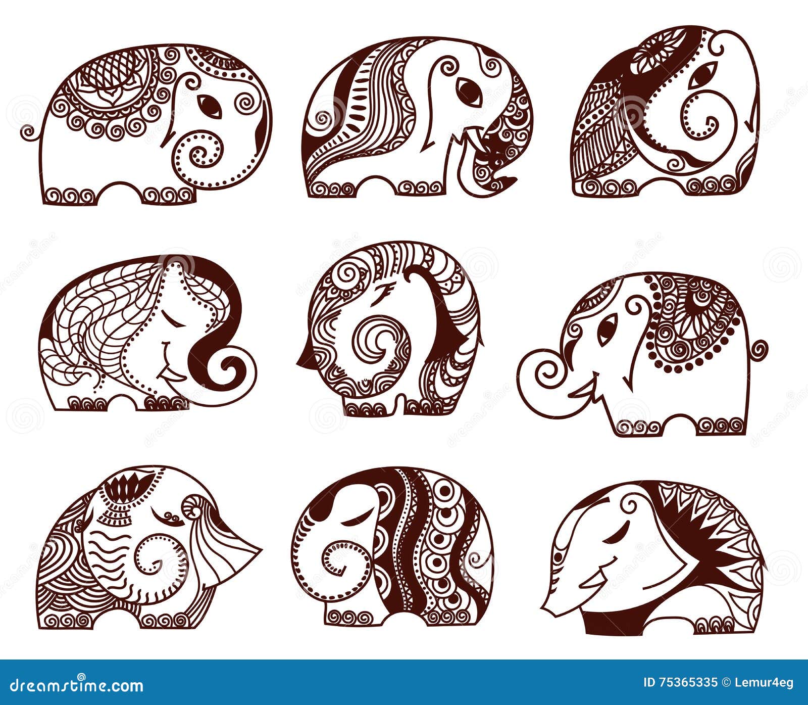 Vector indian elephants set. Stock mehendi set for design on white background.