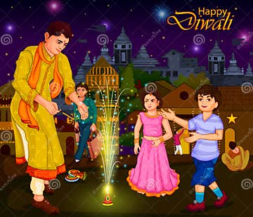 Indian Family People Celebrating Diwali Festival of India Stock Vector ...