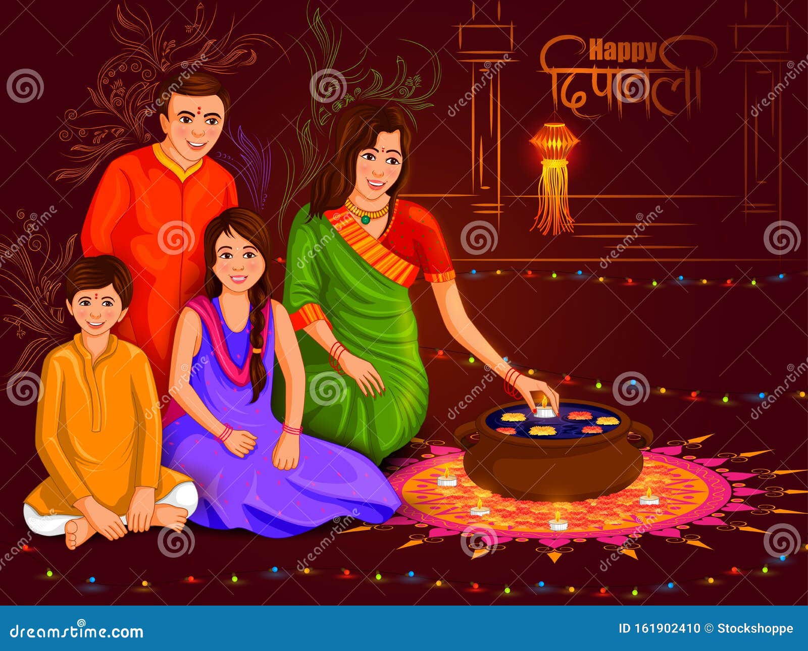 Indian Family People Celebrating Happy Diwali Festival Holiday of India  Stock Illustration - Illustration of india, indian: 161902410