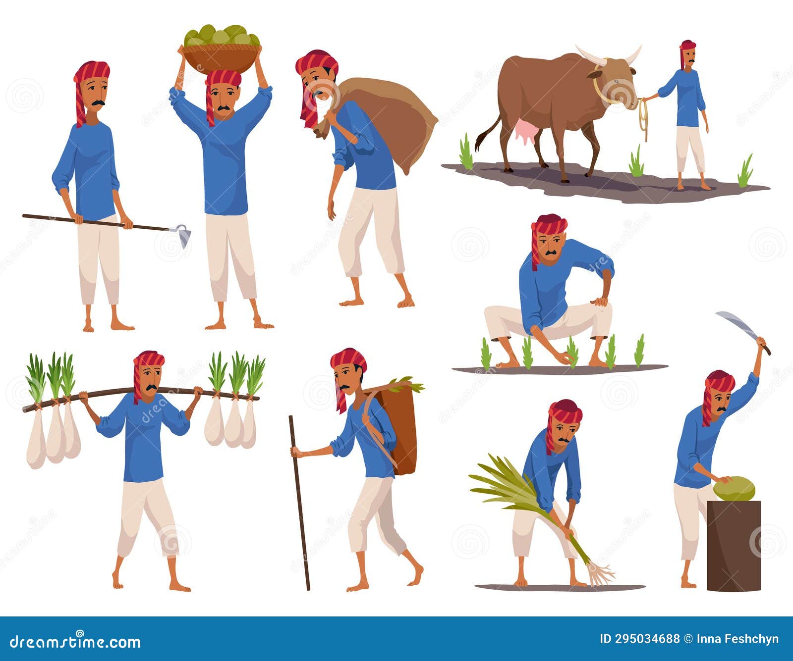 Indian Farmer in Traditional Clothes. Collection of Rural Man Plowing ...