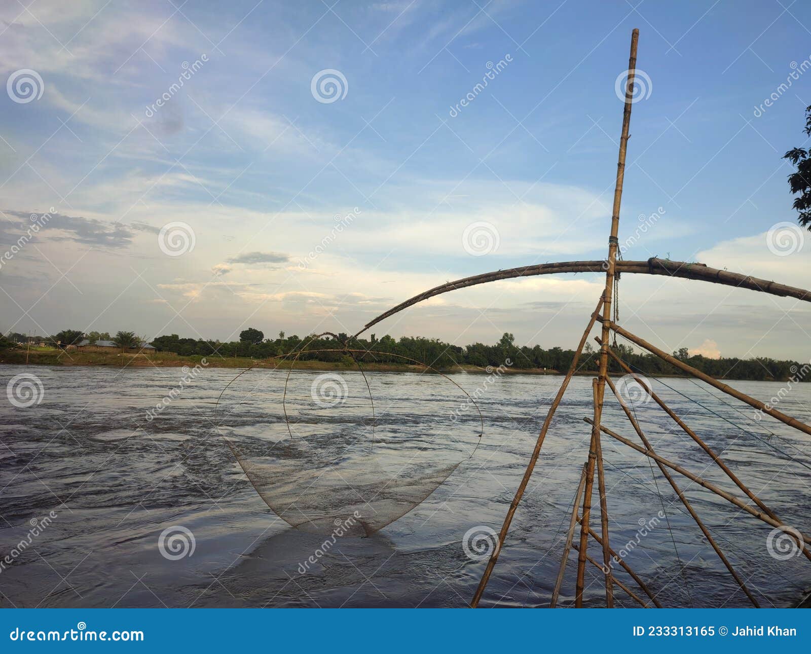 Indian Fishing Technique with Bamboo Structure in the River Stock Image