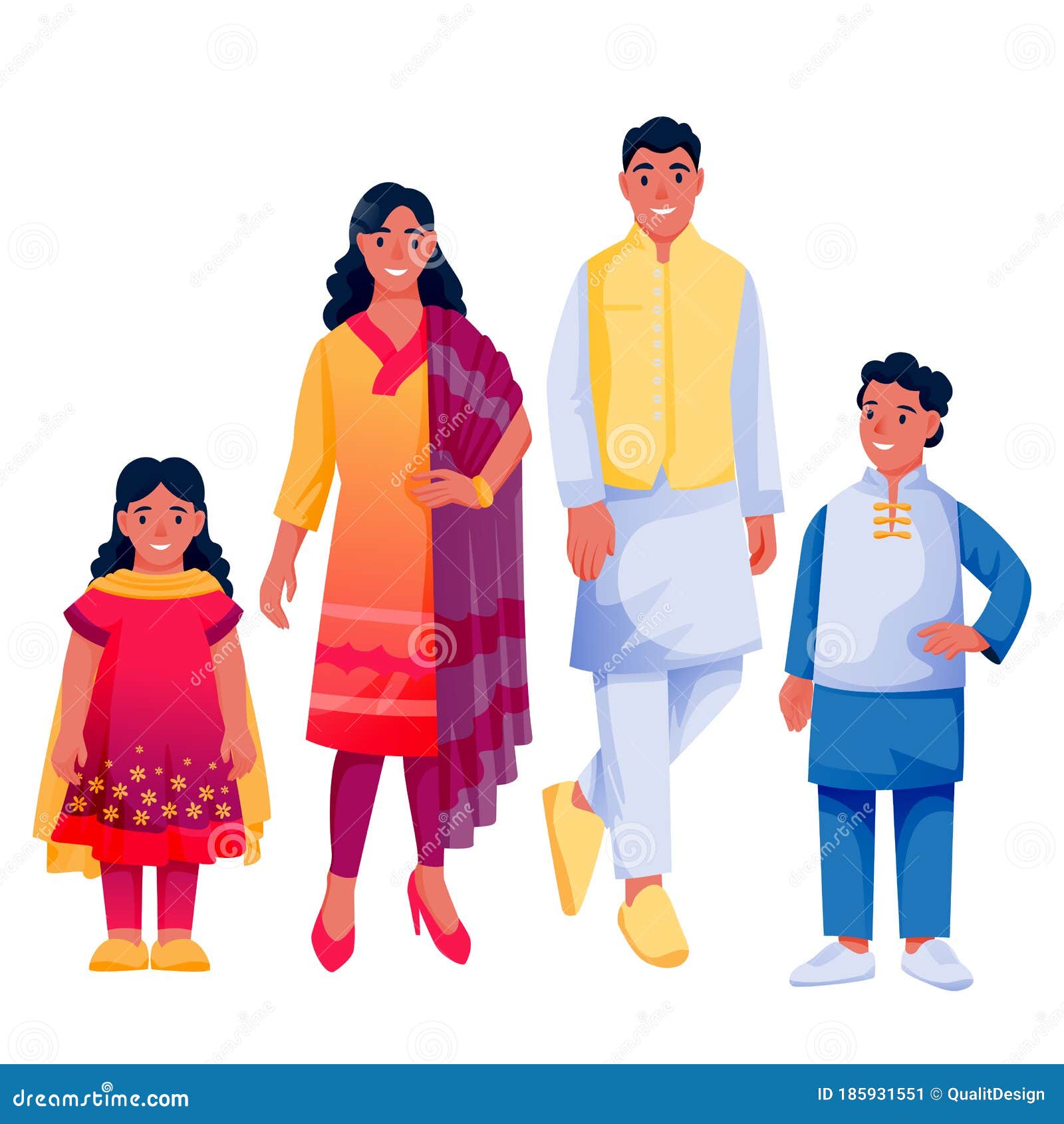 Indian Family with Two Kids on White Background. Father, Mother, Boy, Girl  in Traditional Clothing. Vector Illustration Stock Vector - Illustration of  cartoon, dress: 185931551