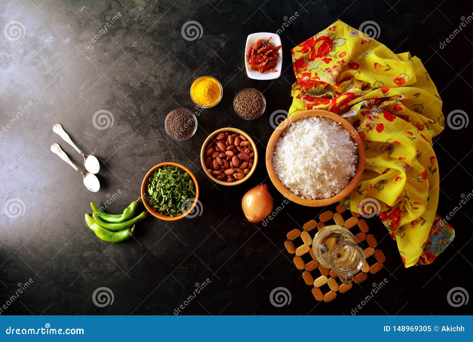 indian kanda poha - recipe preparation photos with photos of the final dish and traditional mattha
