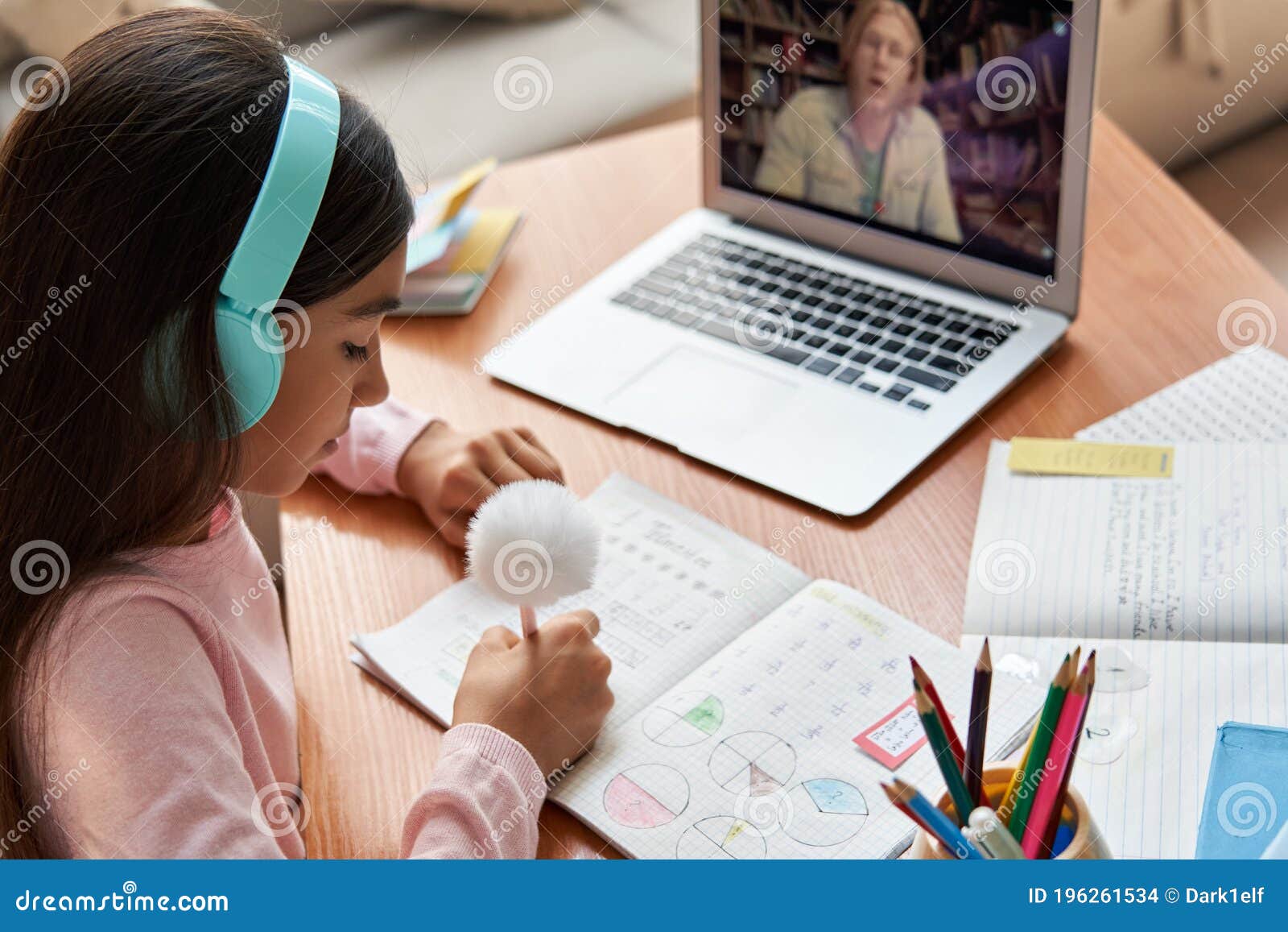 Indian School Girl Learn Online Video Calling Math Teacher, Over Shoulder.  Stock Photo - Image of headphone, learn: 196261534