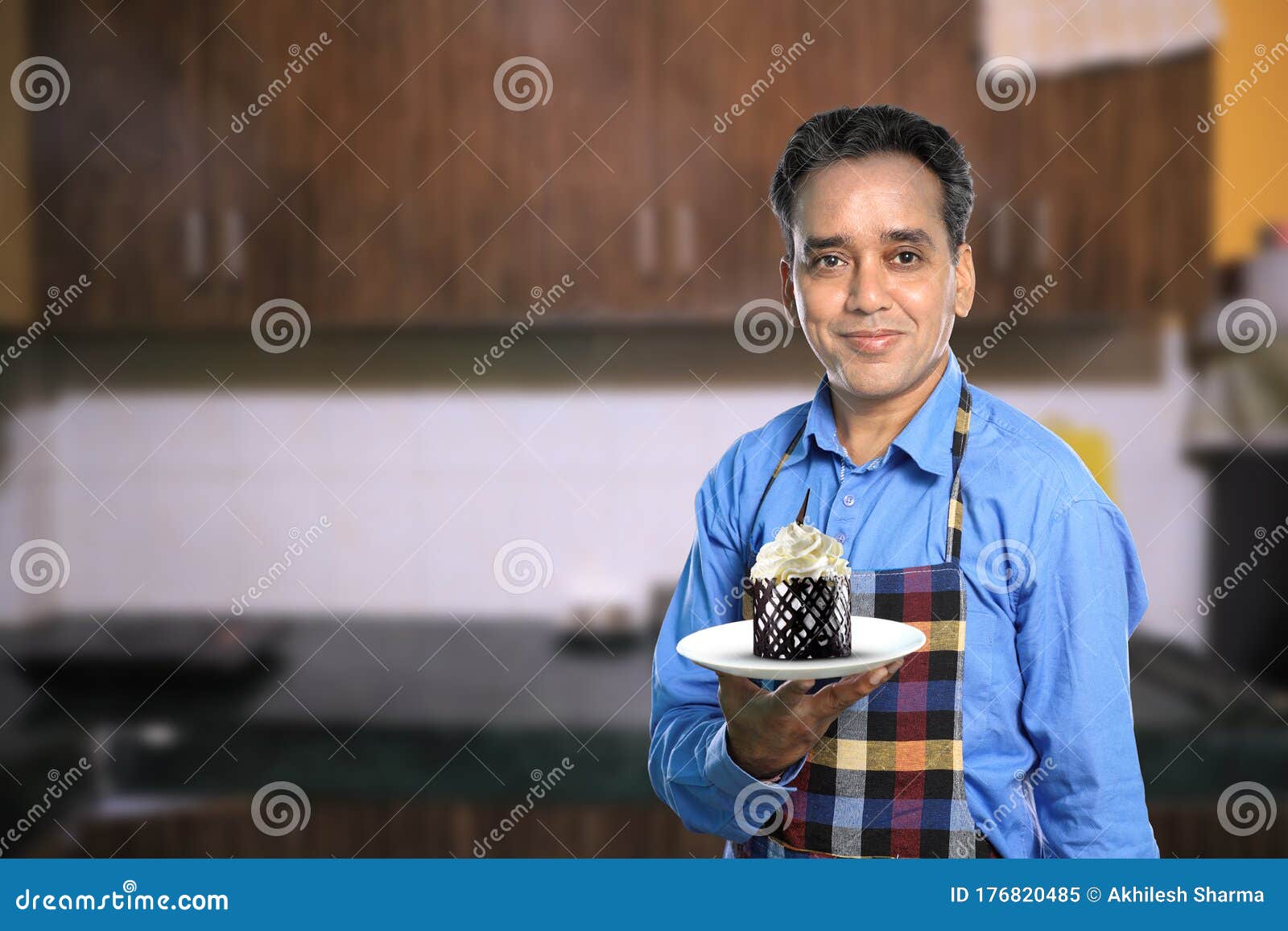 Indian Male Chef With A Sweet Dish In Kitchen Interiors Stock Image Image Of Fresh Cake 