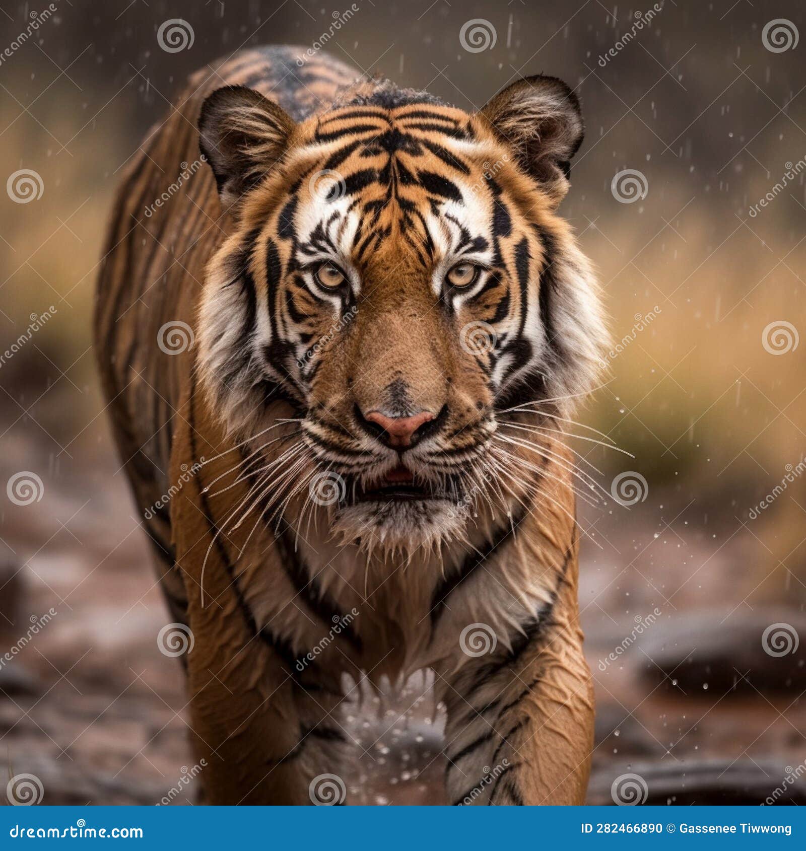 Tiger in the rain. 3D rendering. Digital painting., Ai Generative