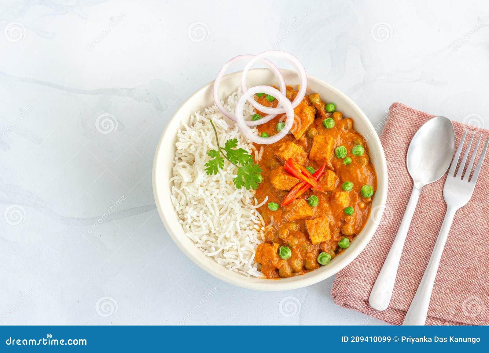 indian matar paneer with rice in a bowl, healthy vegetarian indian food
