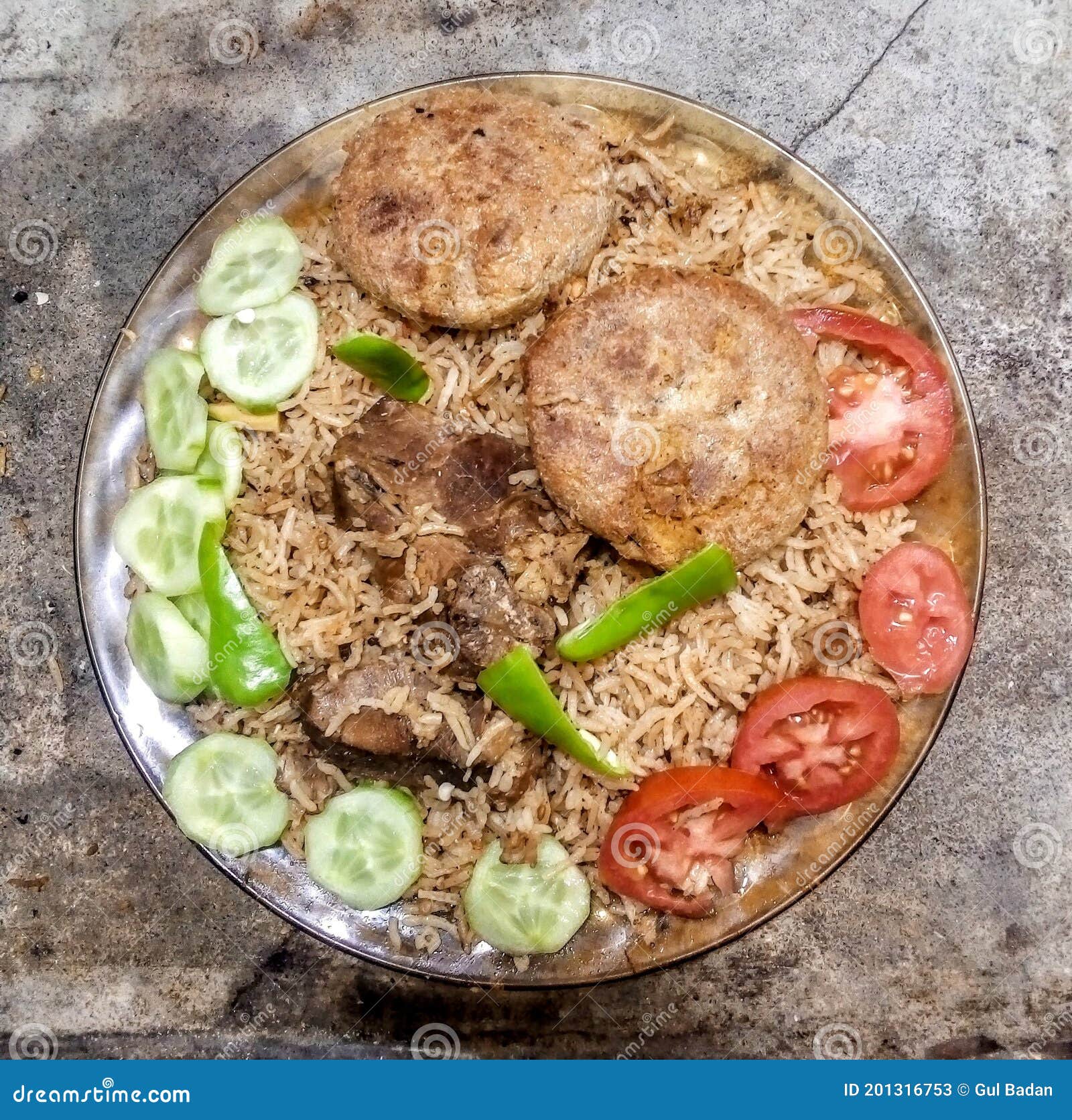 Indian Pakistani Food Lunch Dinner Rice With Shami Kabab Salad Meal indian-pakistani-food-lunch-dinner-rice-with-shami-kabab-salad-meal