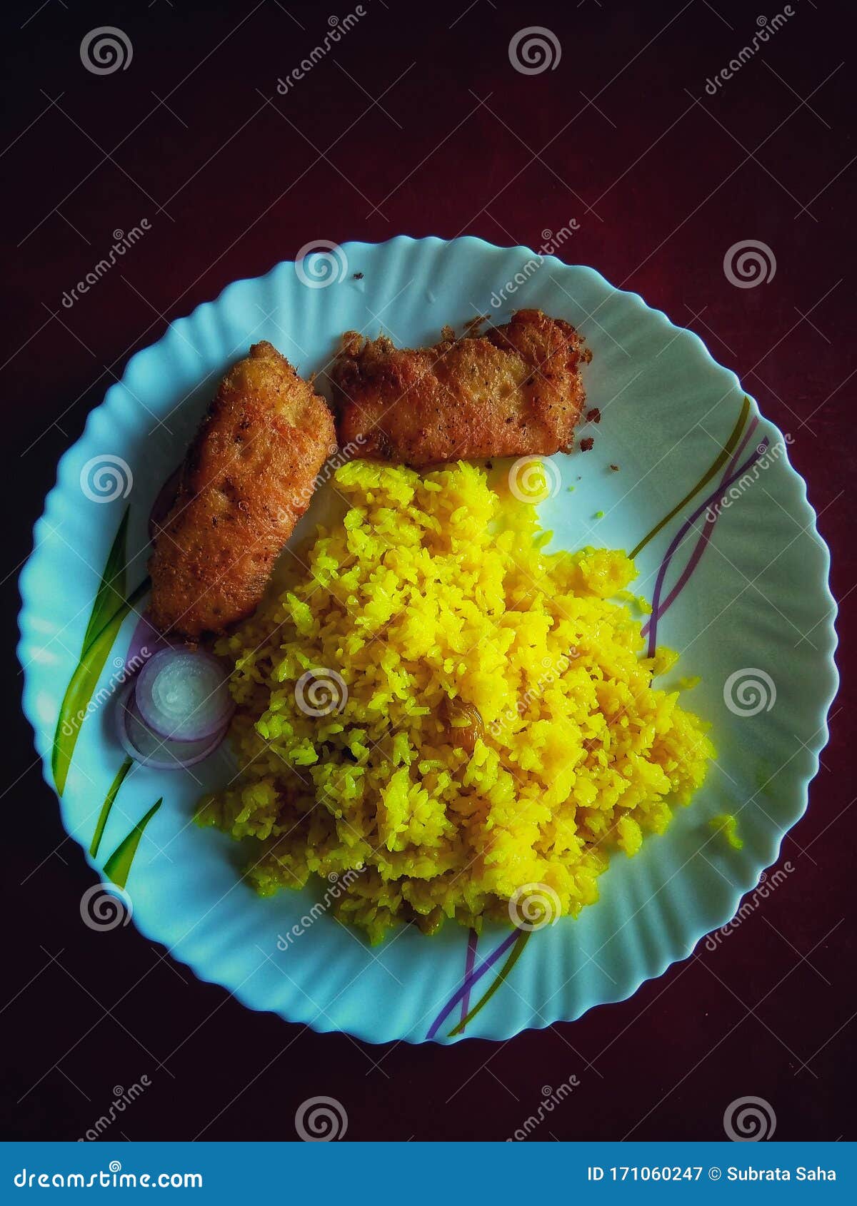 Indian Rice Dish Vegetarian Pulao in the White Bowl with Fish Butter