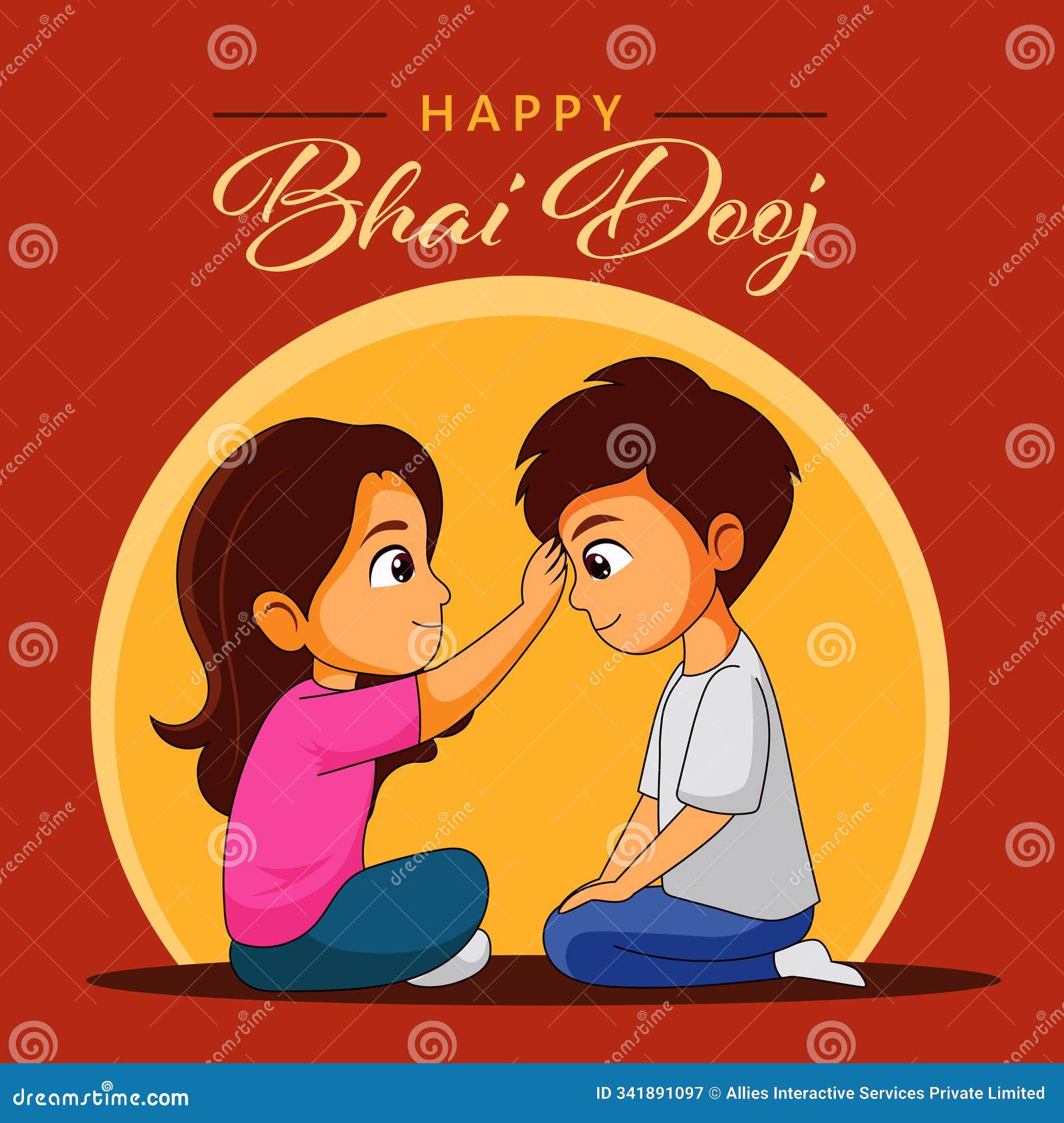 indian sister applying tilak on her brother's forehead during happy bhai dooj festival, used for greeting