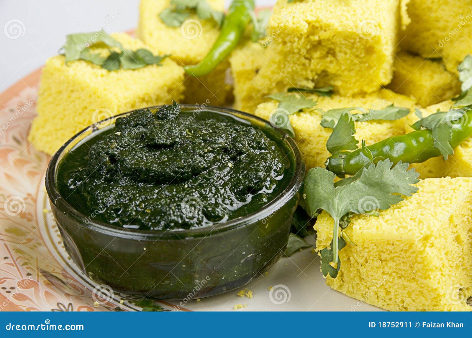 Indian Snacks Dhokla with Green Chutney Stock Image Image of green