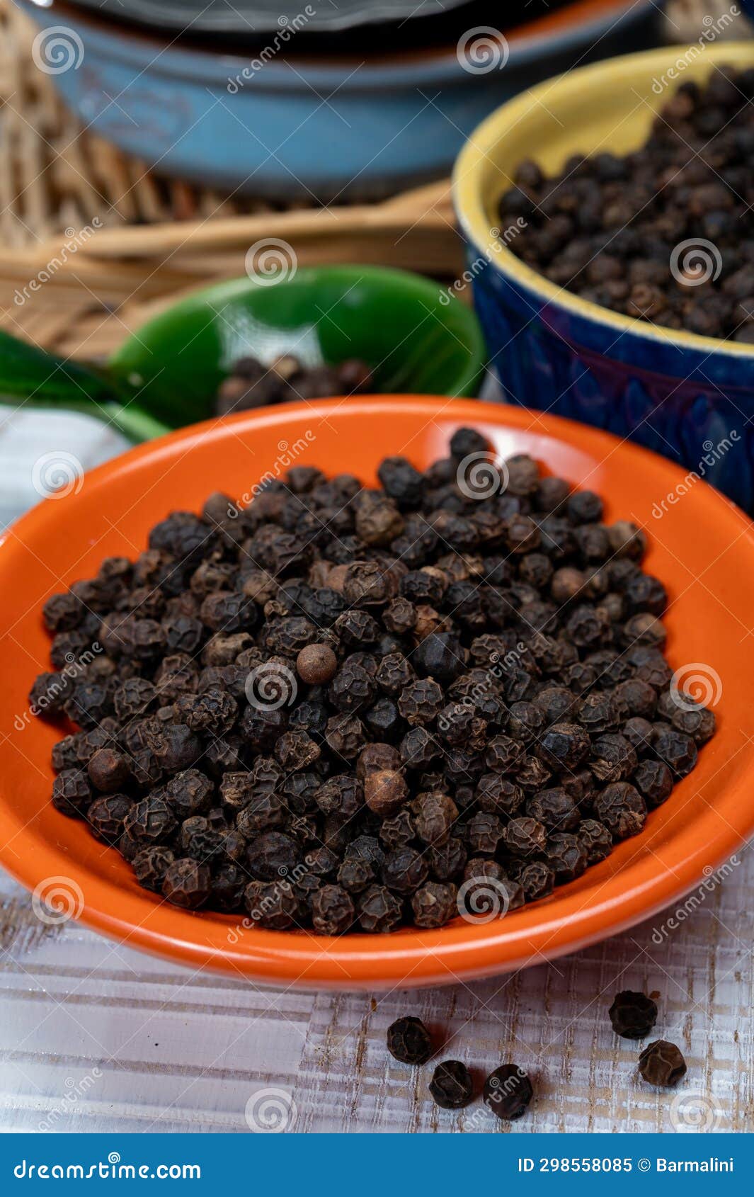 Indian Spices Collection, Dried Black Peppercorns, Kitchen Spices Stock