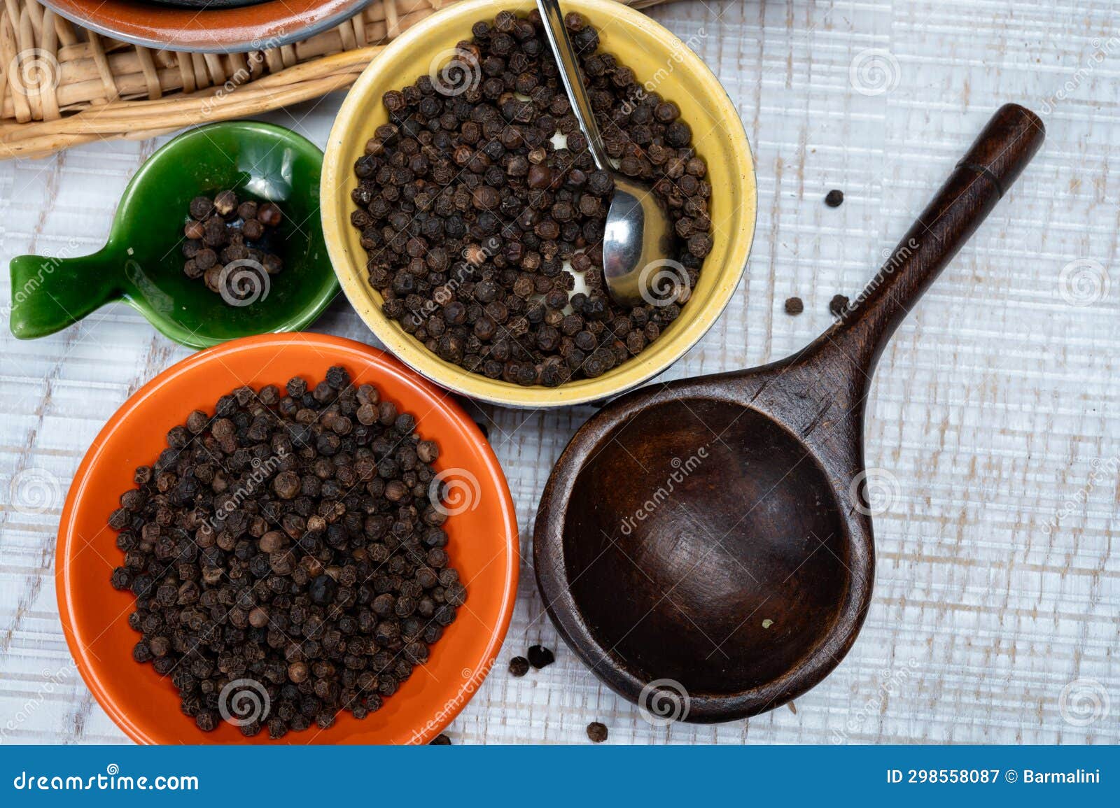 Indian Spices Collection, Dried Black Peppercorns, Kitchen Spices Stock