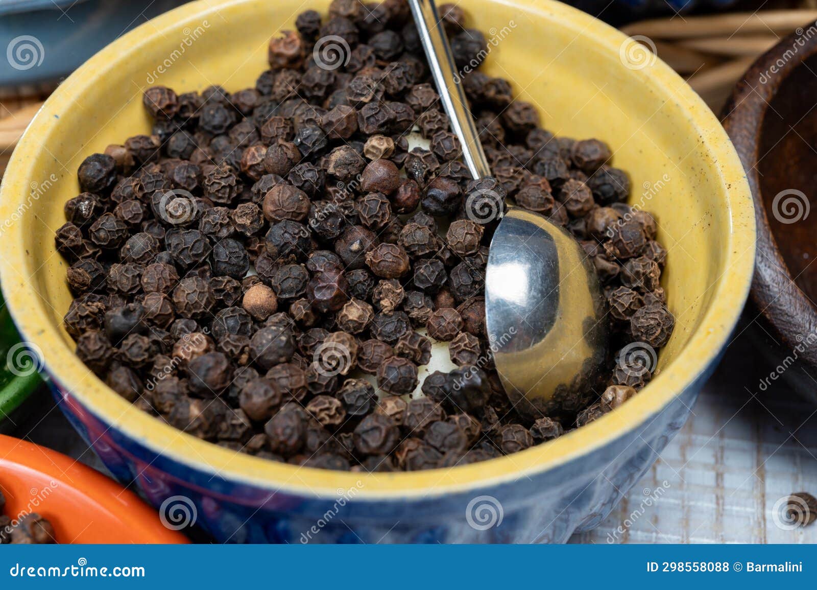 Indian Spices Collection, Dried Black Peppercorns, Kitchen Spices Stock