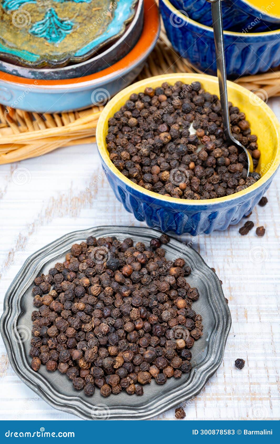 Indian Spices Collection, Dried Black Peppercorns, Kitchen Spices Stock