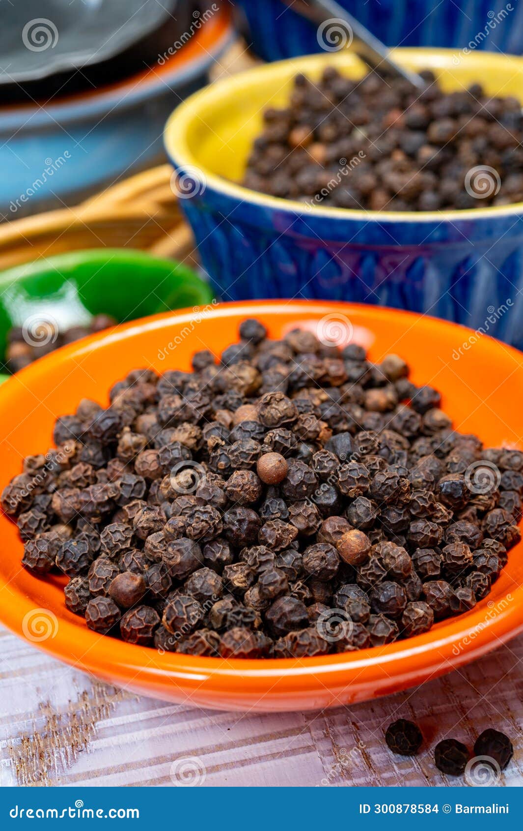 Indian Spices Collection, Dried Black Peppercorns, Kitchen Spices Stock