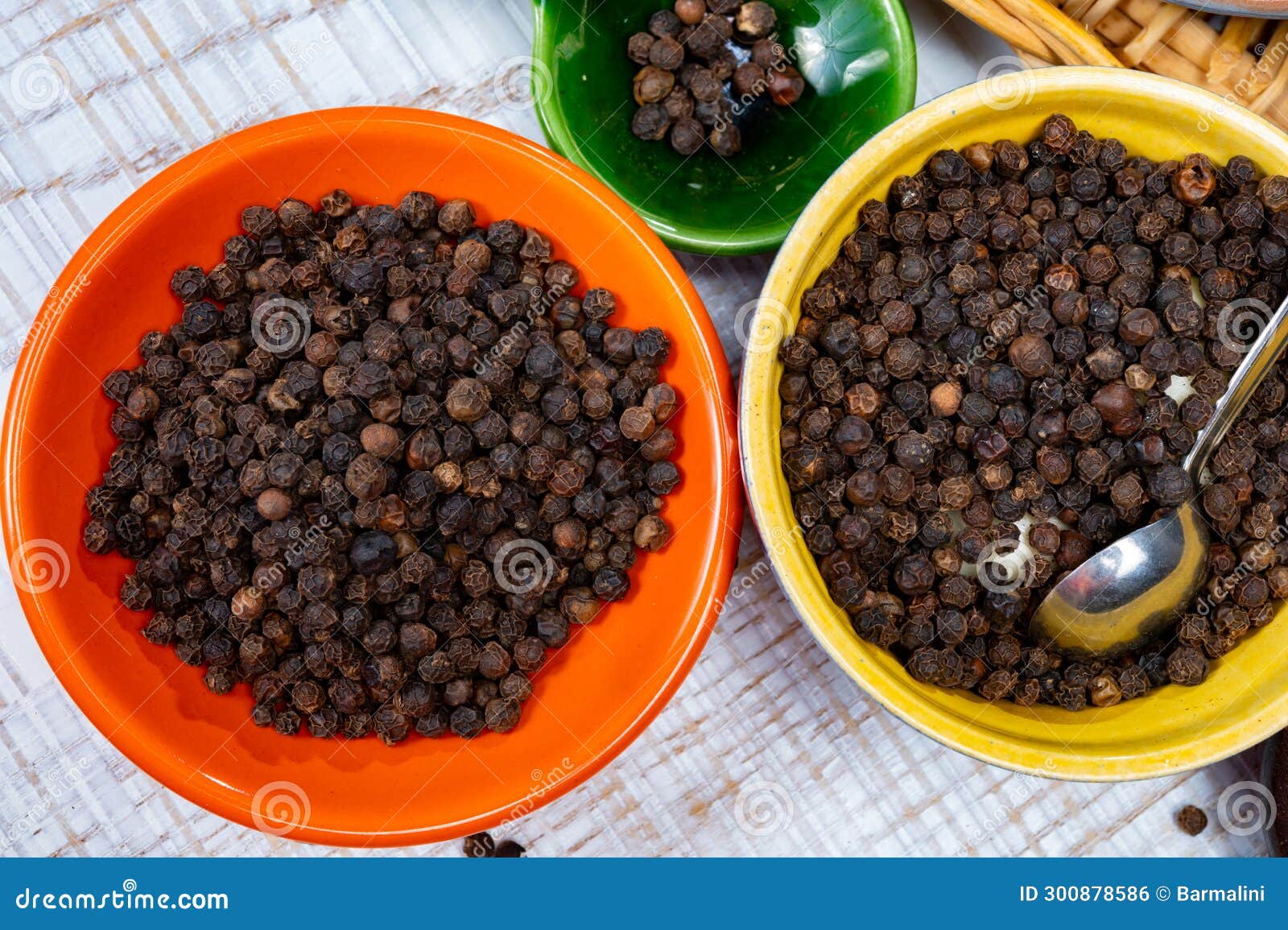 Indian Spices Collection, Dried Black Peppercorns, Kitchen Spices Stock