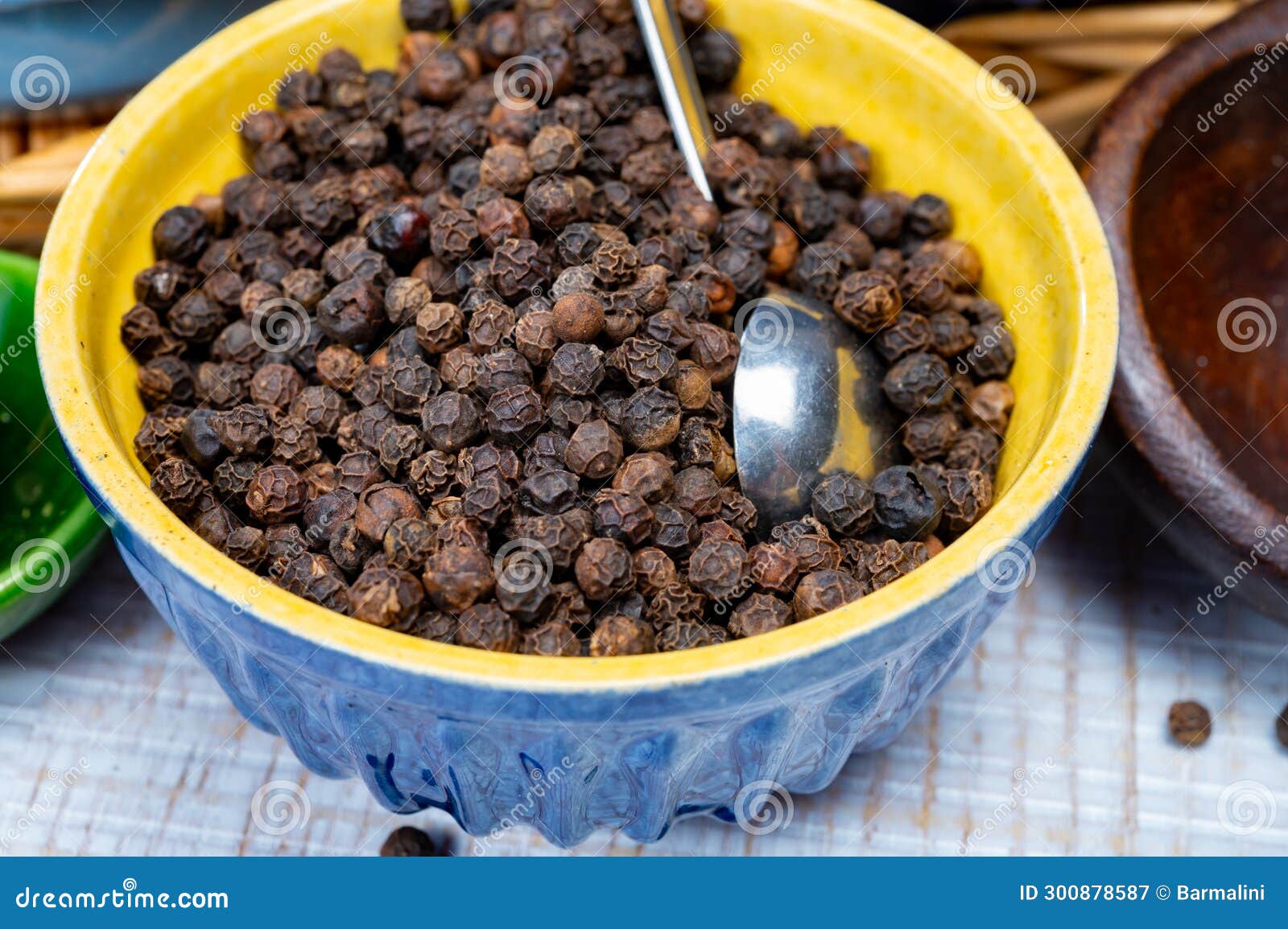 Indian Spices Collection, Dried Black Peppercorns, Kitchen Spices Stock