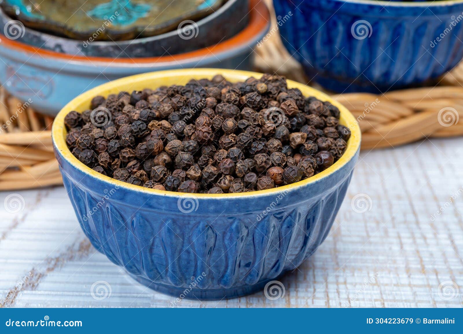 Indian Spices Collection, Dried Black Peppercorns, Kitchen Spices Stock