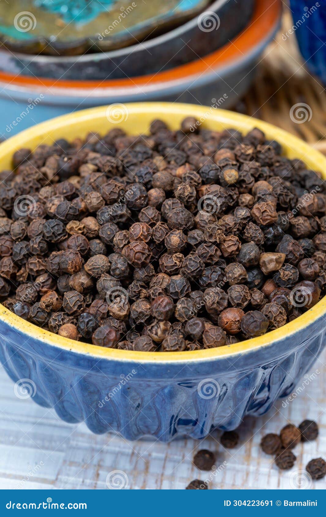 Indian Spices Collection, Dried Black Peppercorns, Kitchen Spices Stock