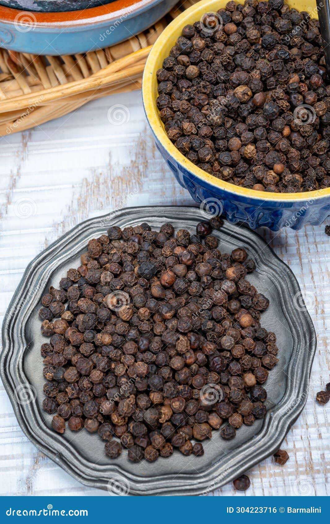 Indian Spices Collection, Dried Black Peppercorns, Kitchen Spices Stock