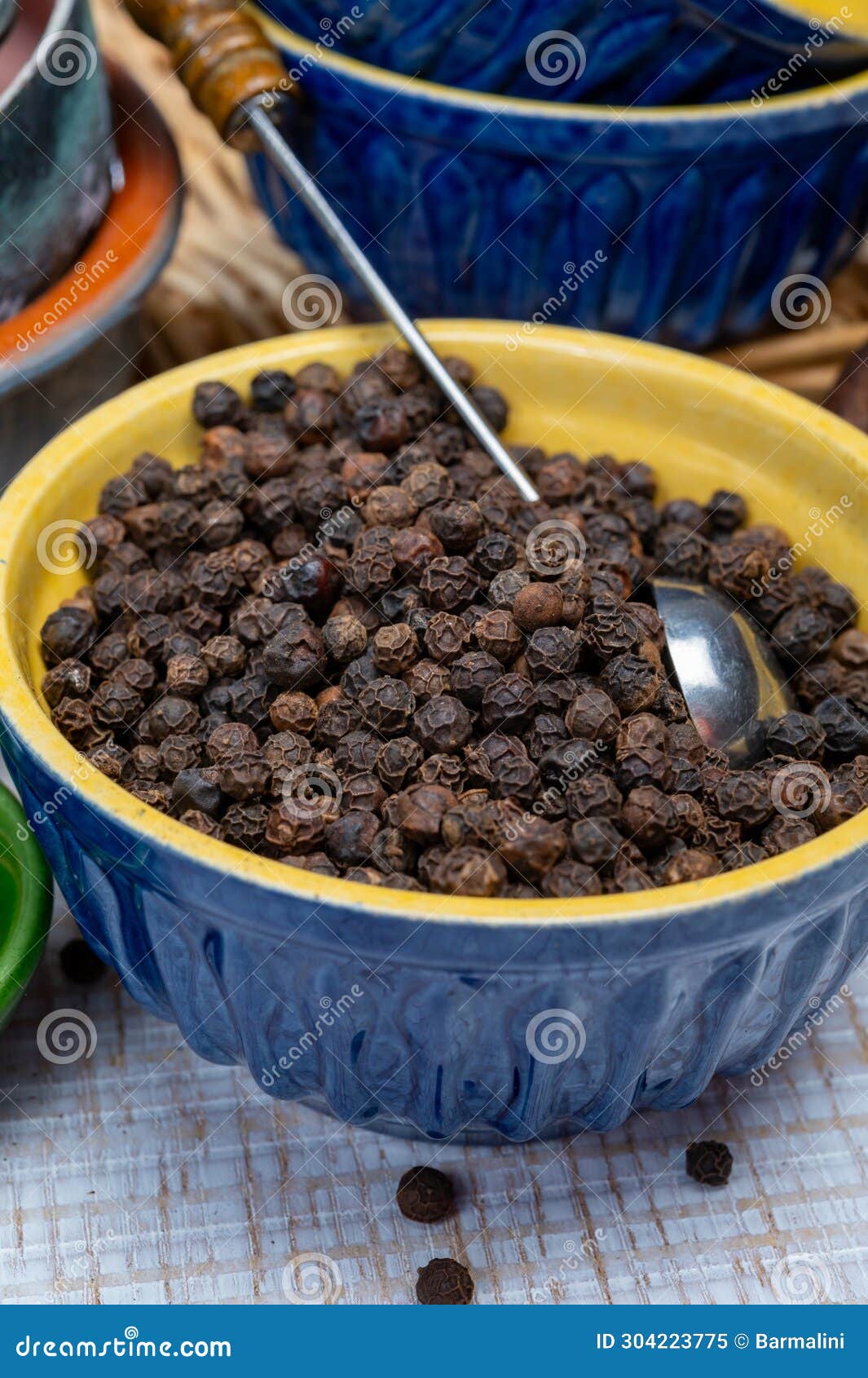 Indian Spices Collection, Dried Black Peppercorns, Kitchen Spices Stock