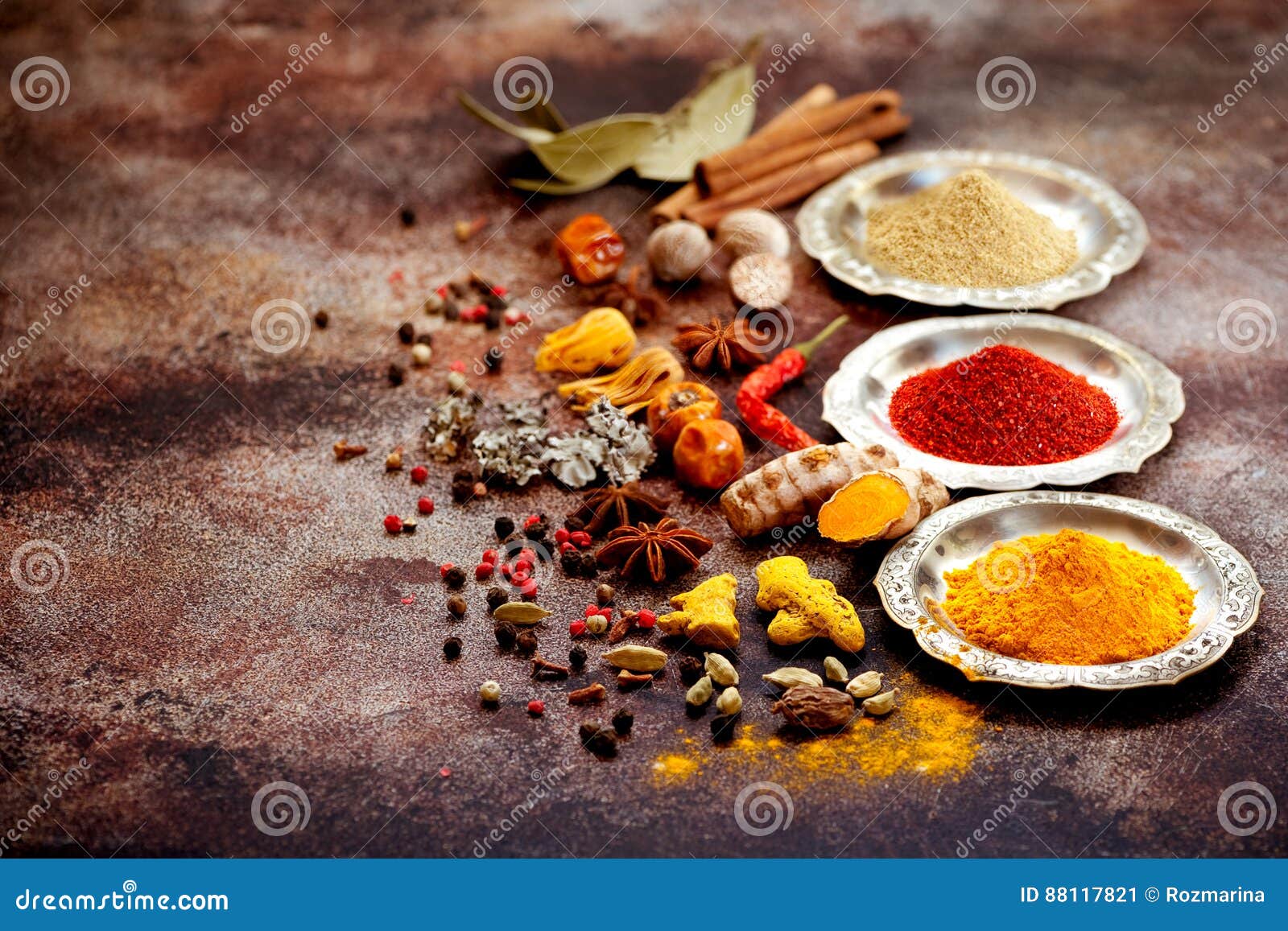 Indian Spices and Herbs in Silver Bowls Stock Image Image of kapok