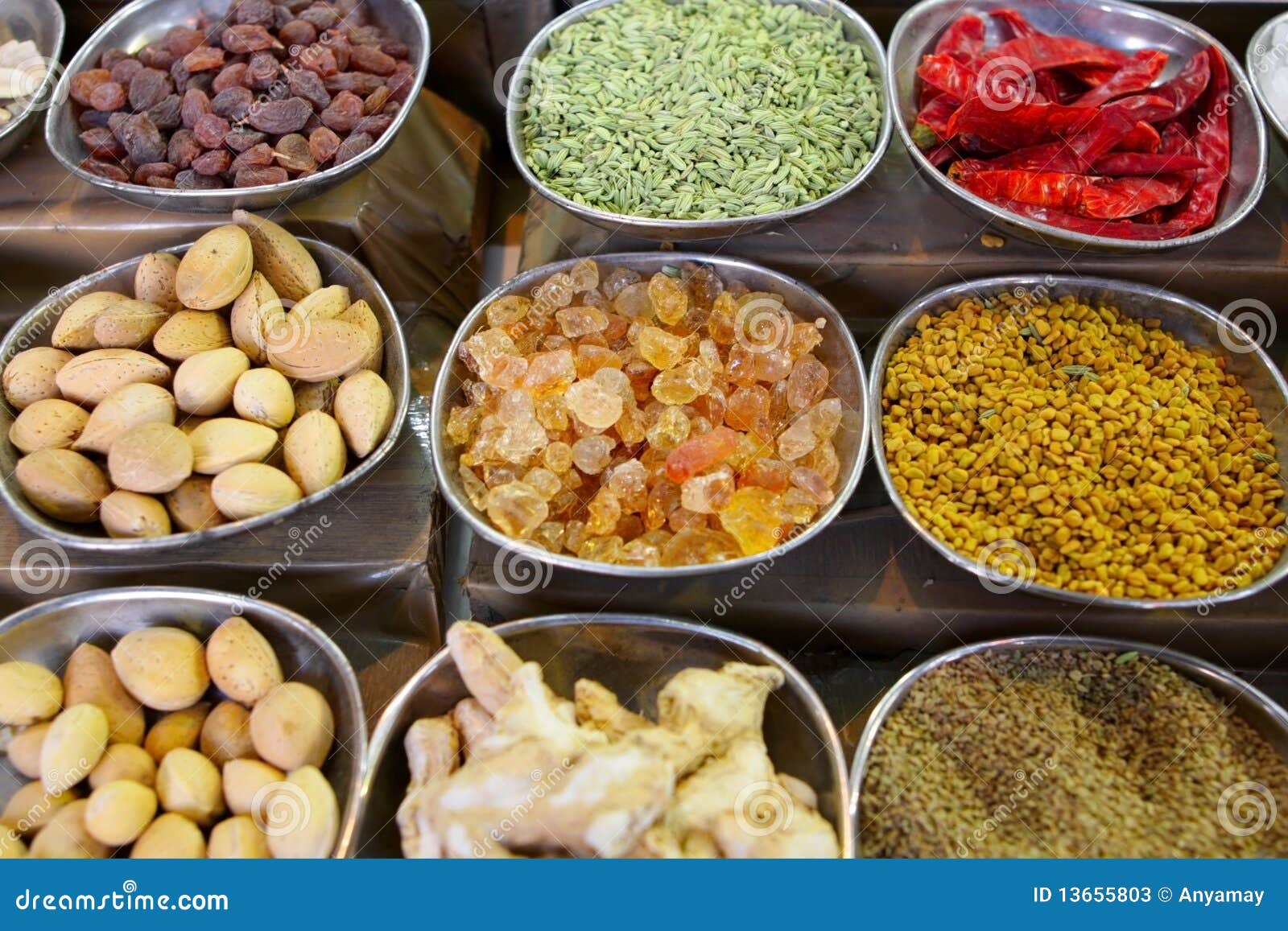 Indian spices and nuts stock image. Image of market, fruit 13655803