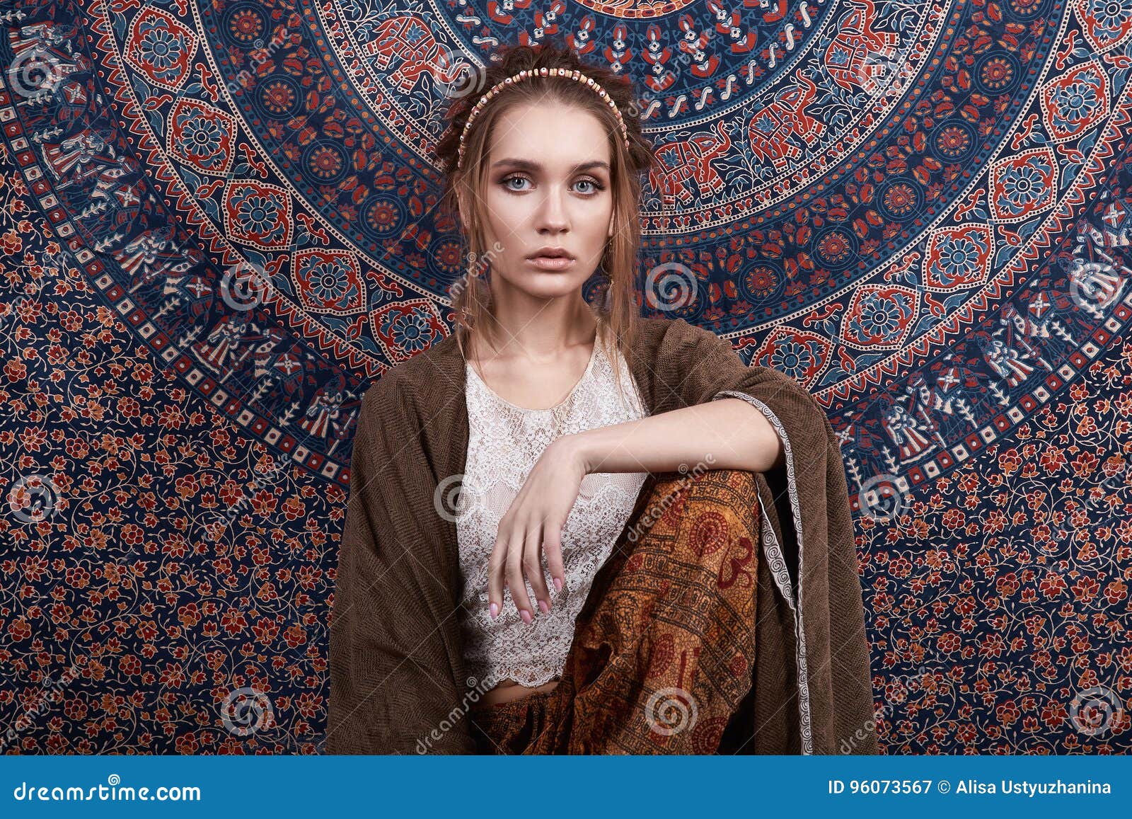 Indian Style Beauty Girl Over Patterns Stock Image - Image of fashion ...