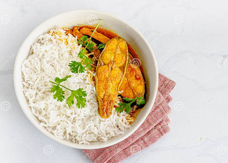 Indian Style Fish Curry and Rice in a Bowl Stock Photo - Image of
