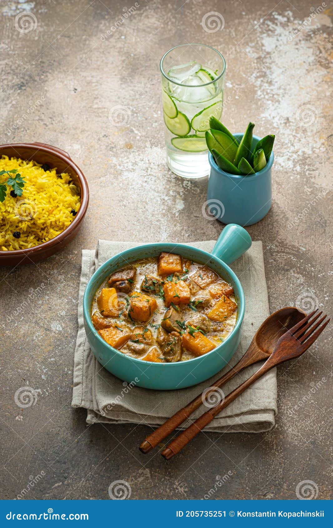 Indian Style Meal Pumpkin Curry with Chicken and Rice Stock Image