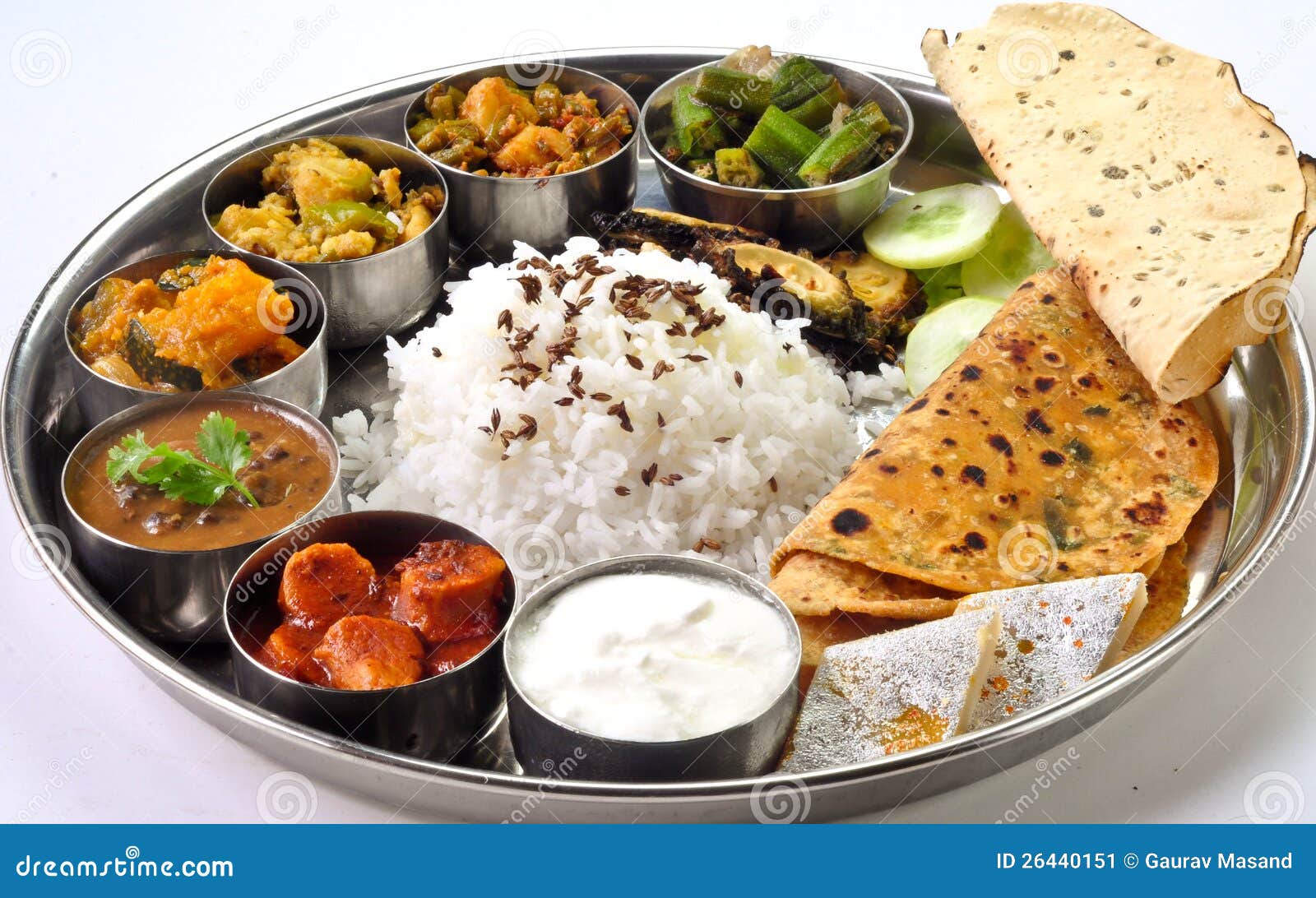 Indian meal Thali consisting of different curry,flat bread,rice and 