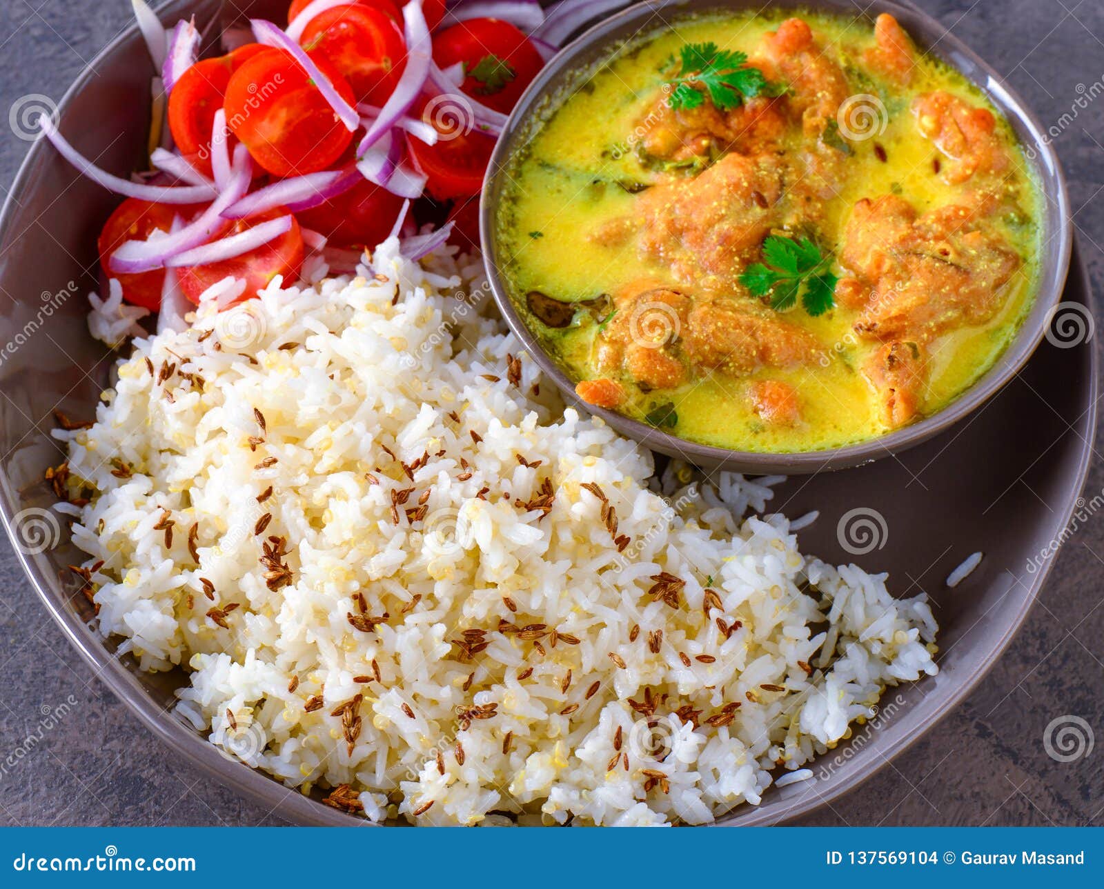 indian vegetarian meal - punjabi kadi and rice