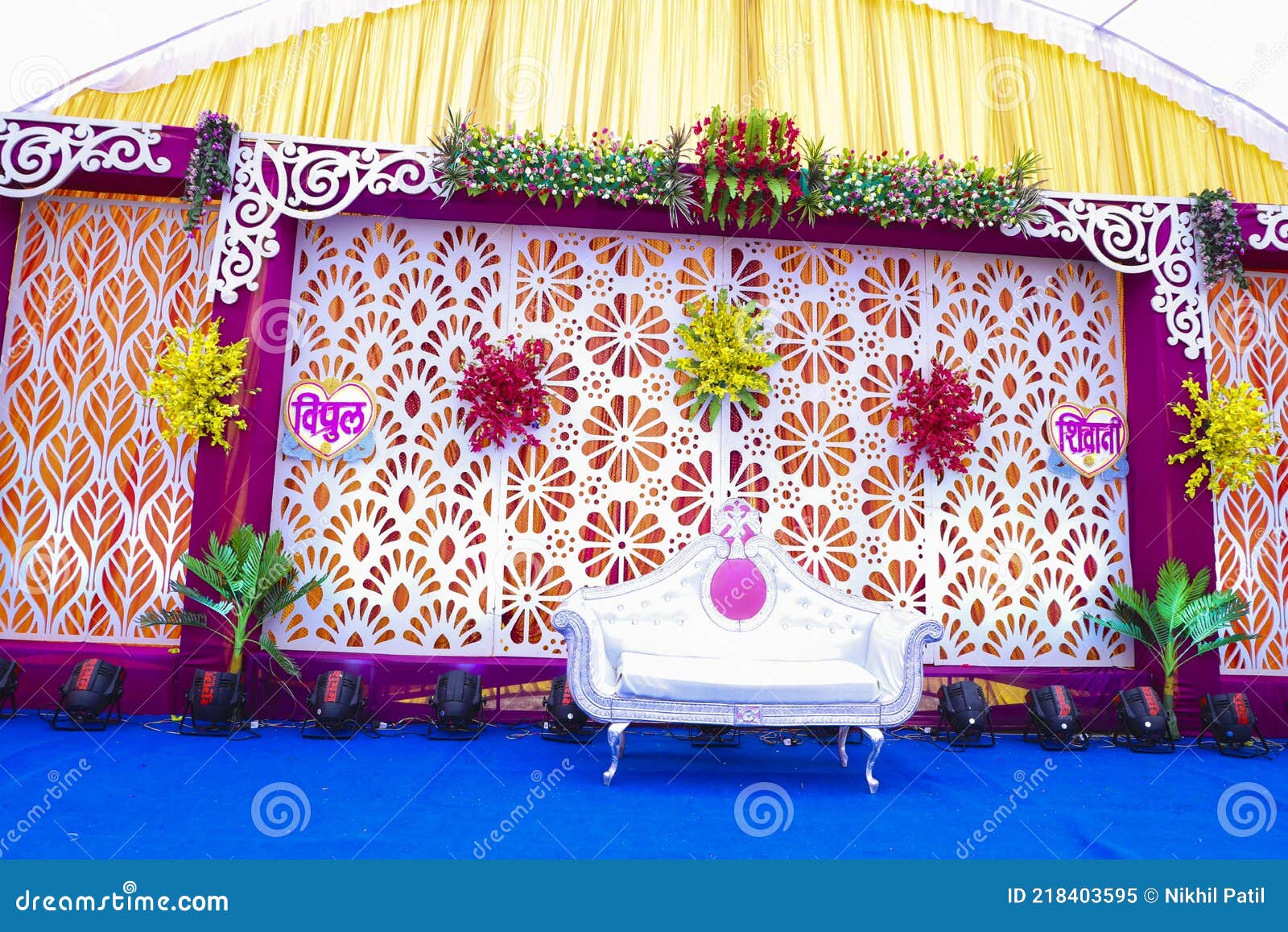 Indian Wedding Ceremony :stage Decoration with Lighting and Flower