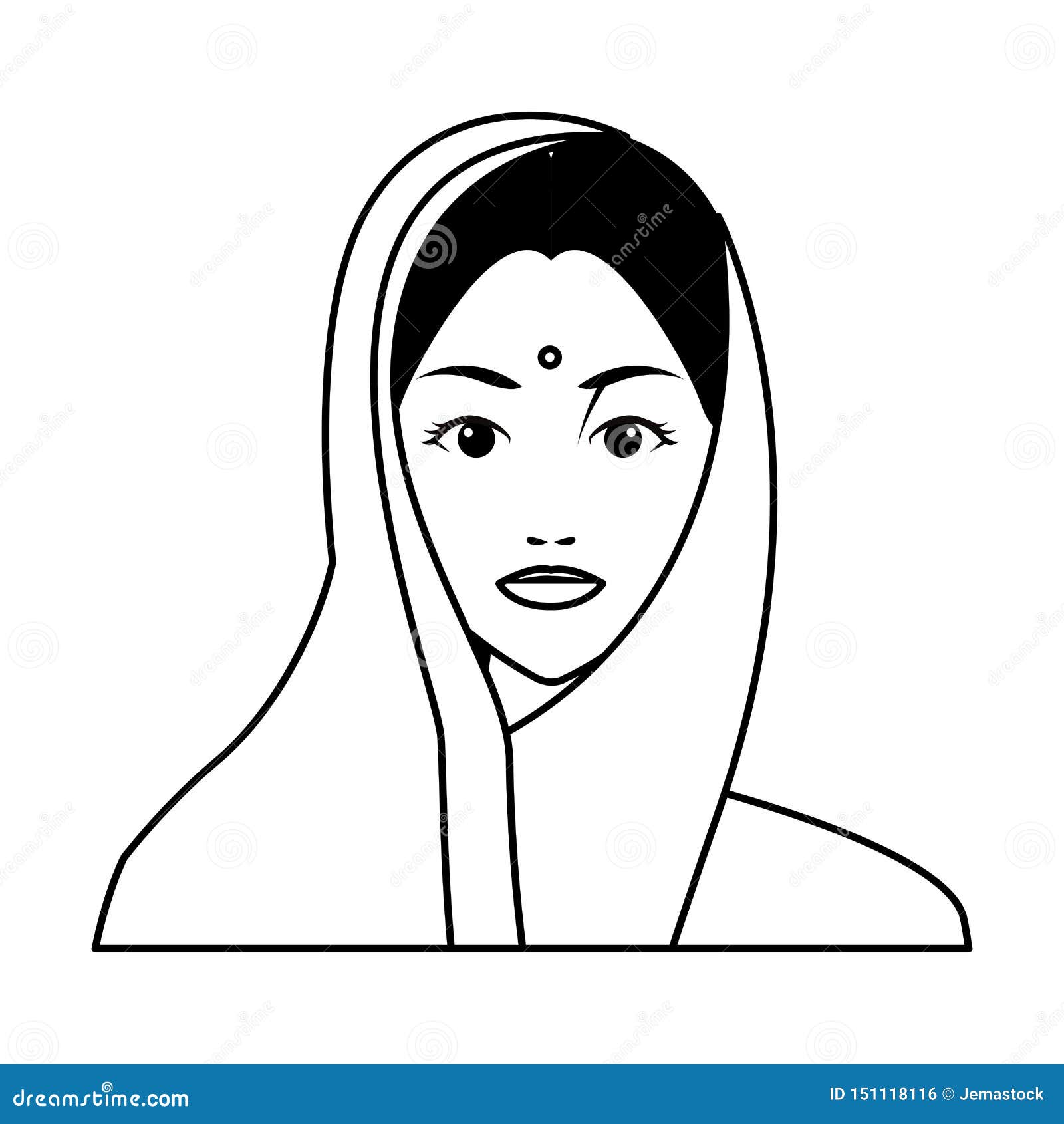 indian woman face avatar cartoon in black and white