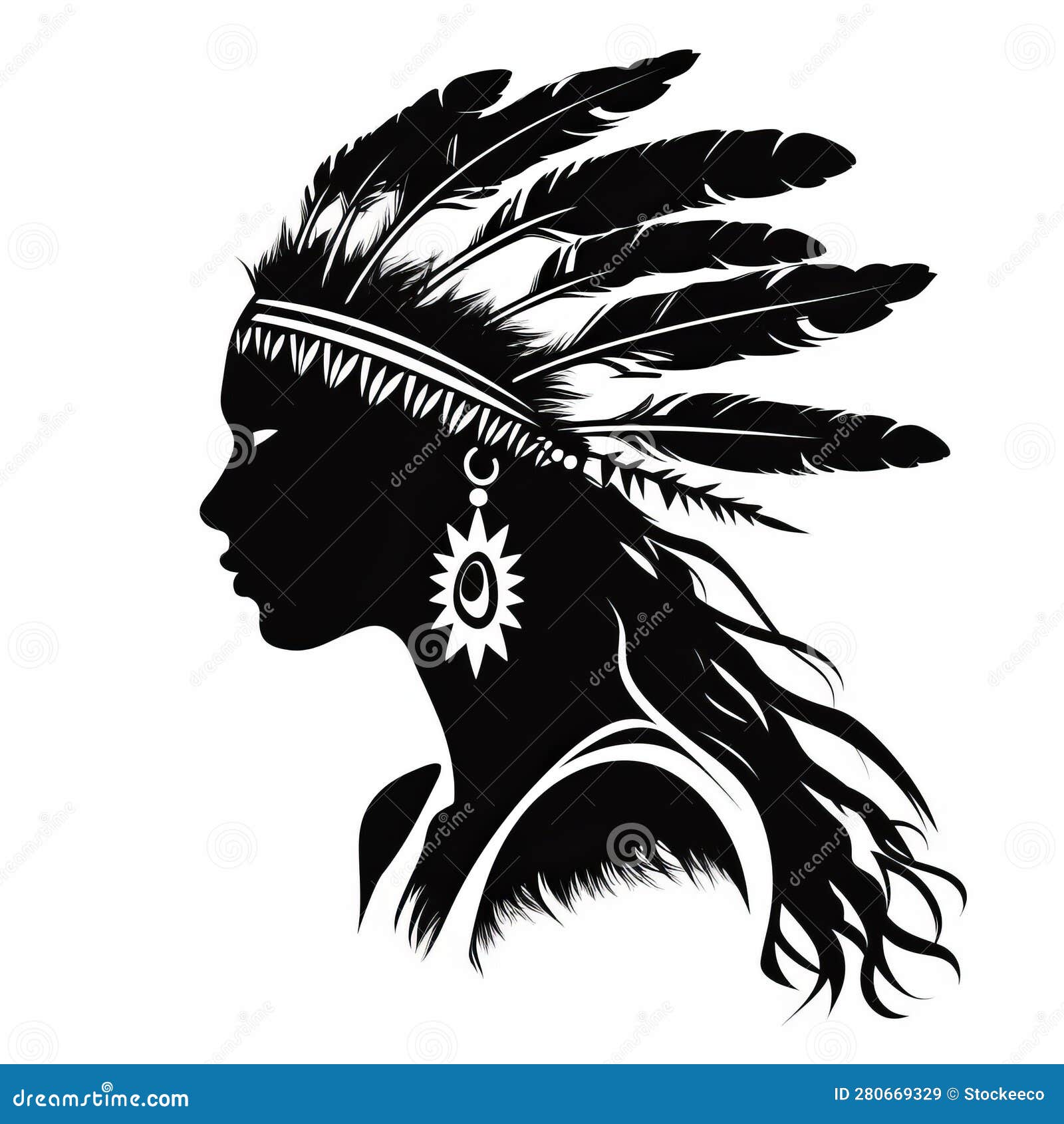 Indian Woman with Headdress Silhouette in Stark Realism Style Stock ...