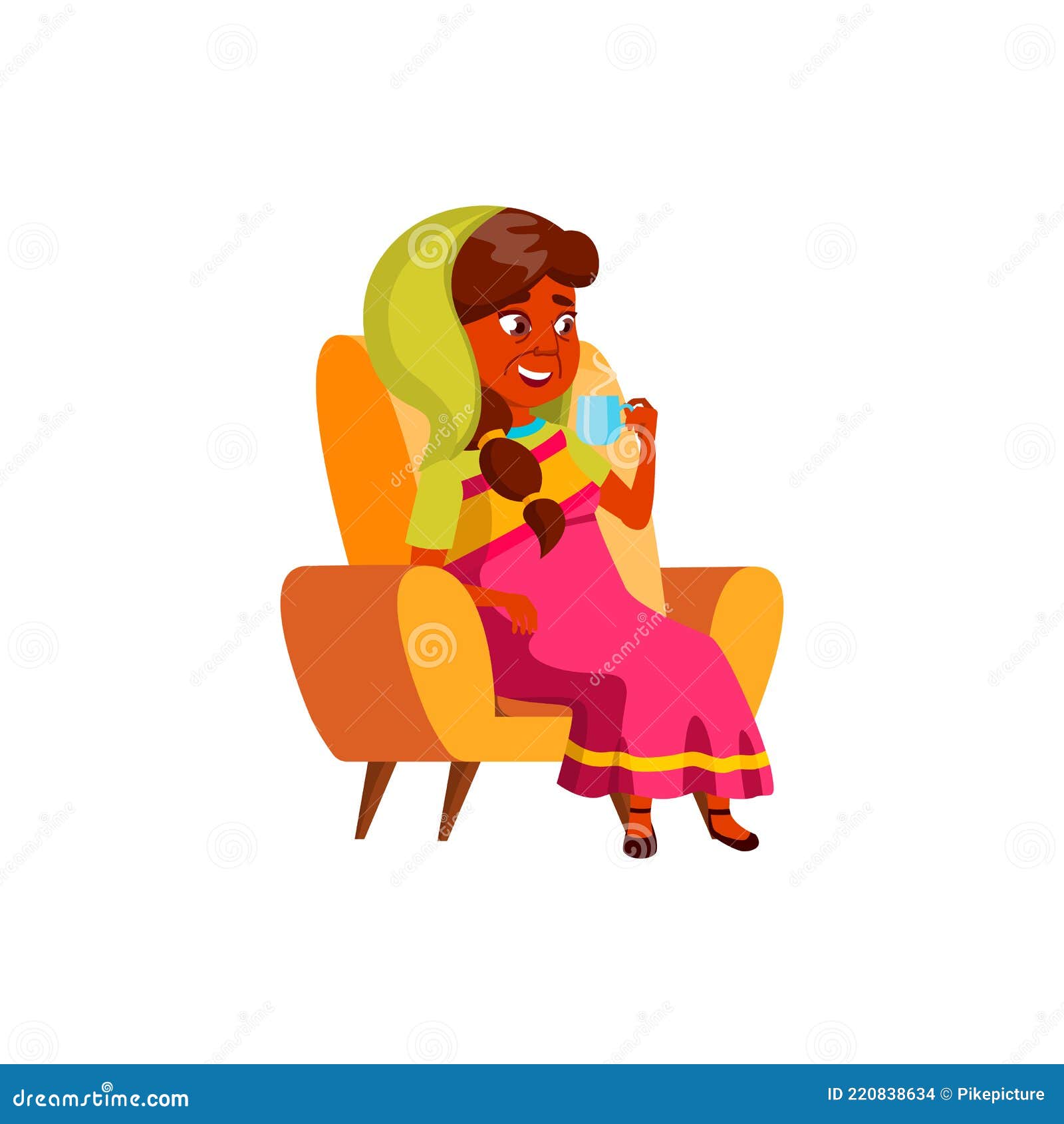 Indian Woman Pensioner Sitting in Chair and Enjoying Hot Tea Cartoon Vector  Stock Vector - Illustration of child, character: 220838634
