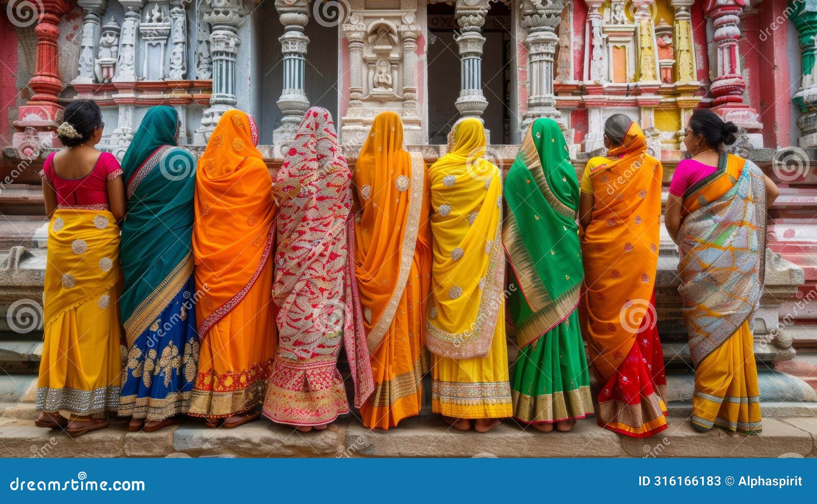 indian women in vibrant saris stand outside an ornate temple, showcasing cultural fashion