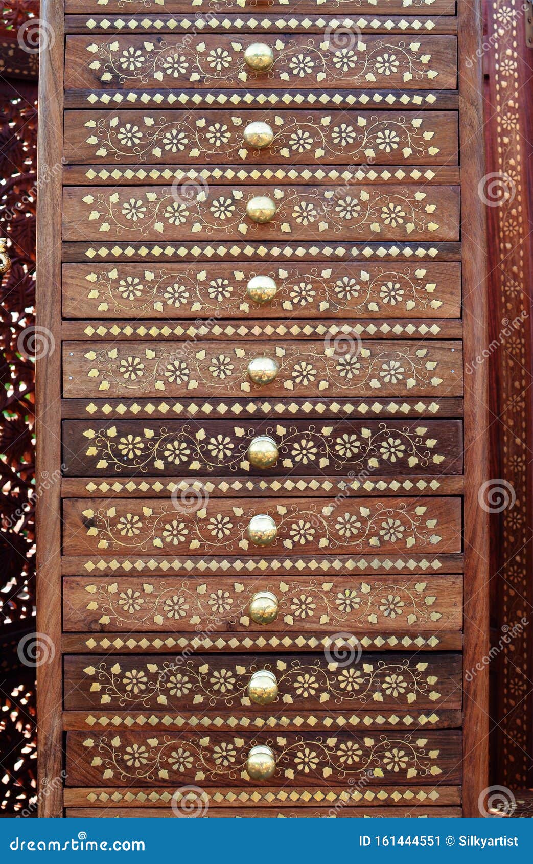 Indian Wooden Cabinet With Drawers With Golden Inlay And Round