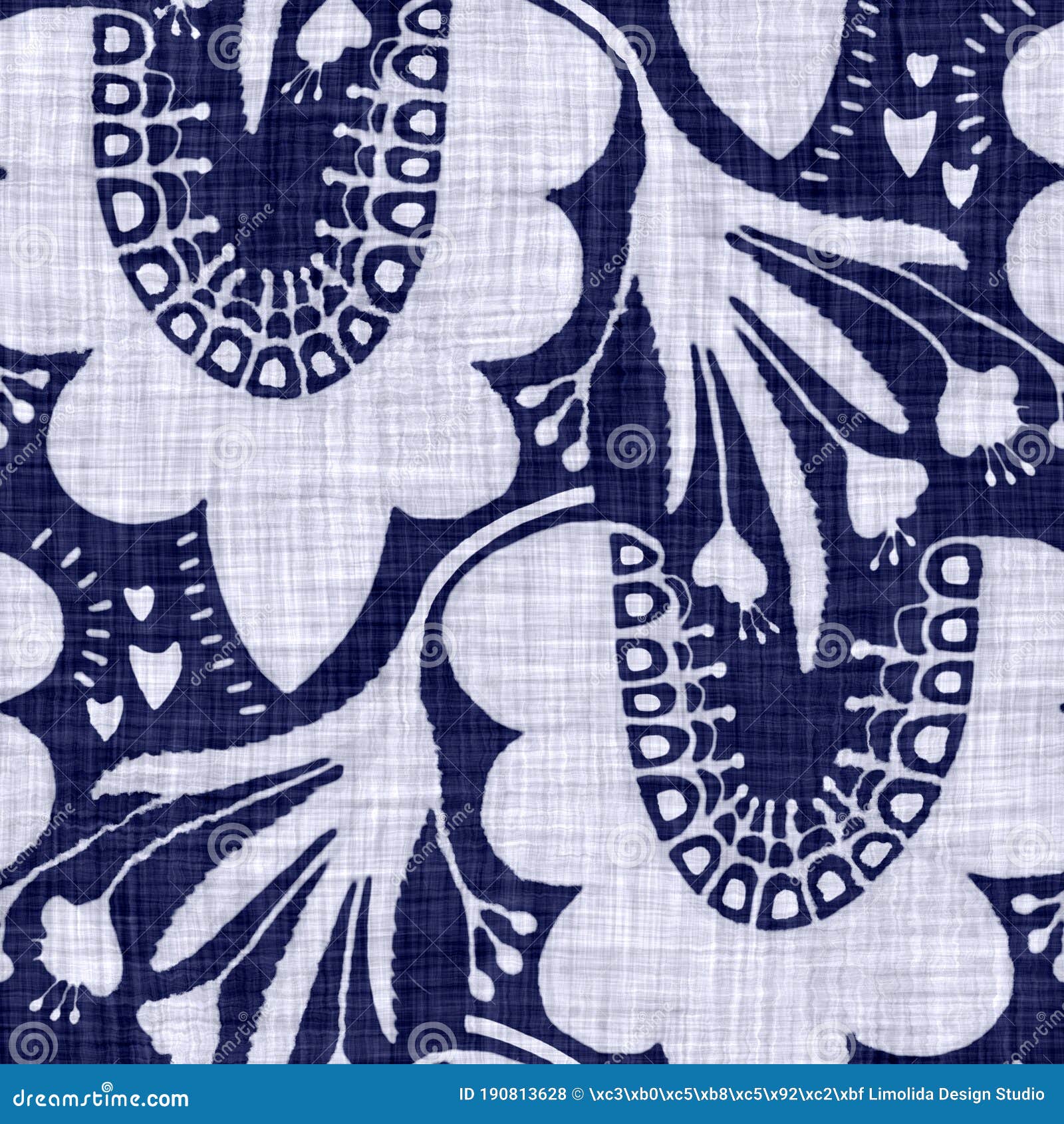 Indigo Blue Flower Block Print Damask Dyed Texture Seamless