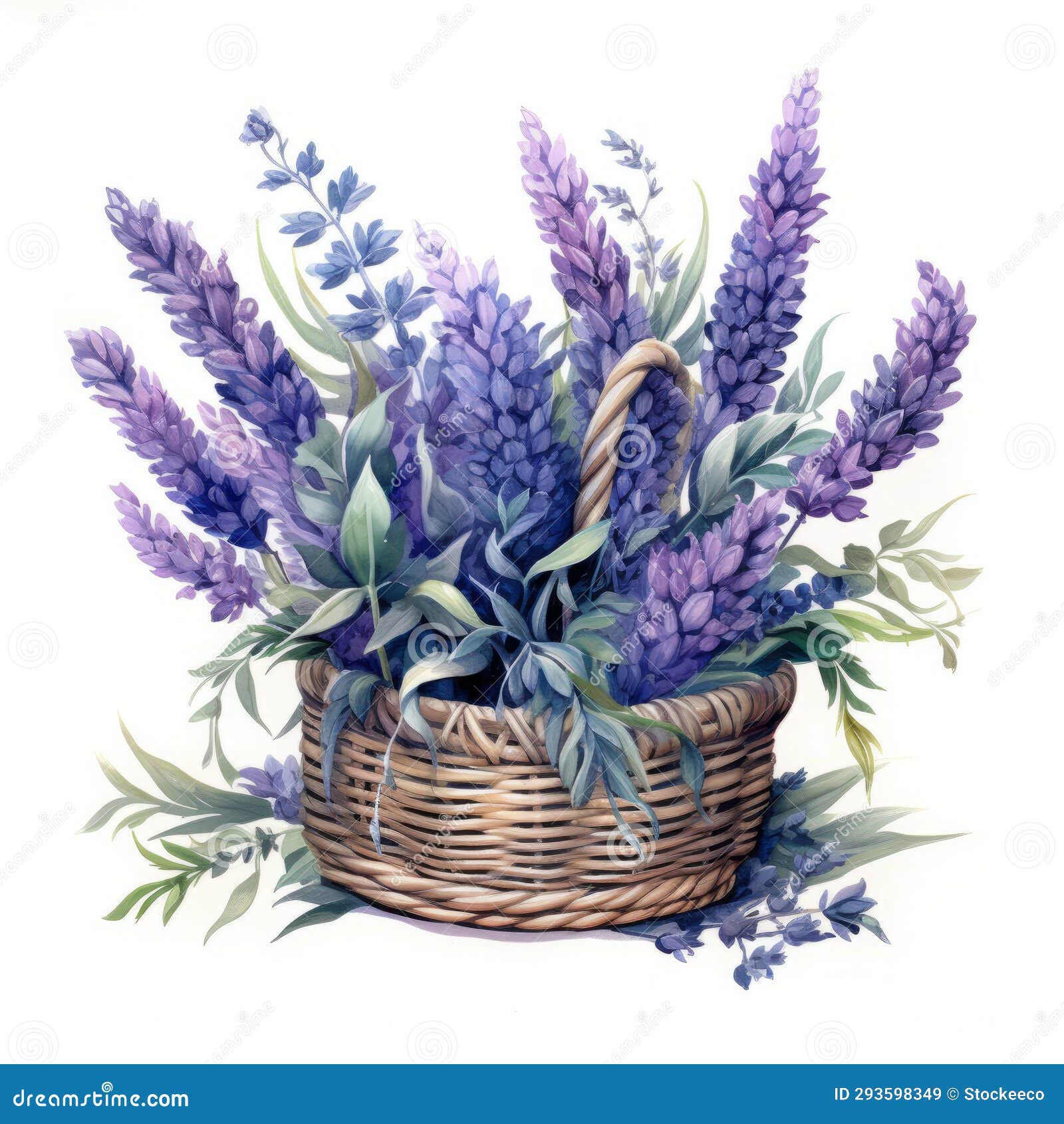 indigo lavender bouquet in basket - watercolor 